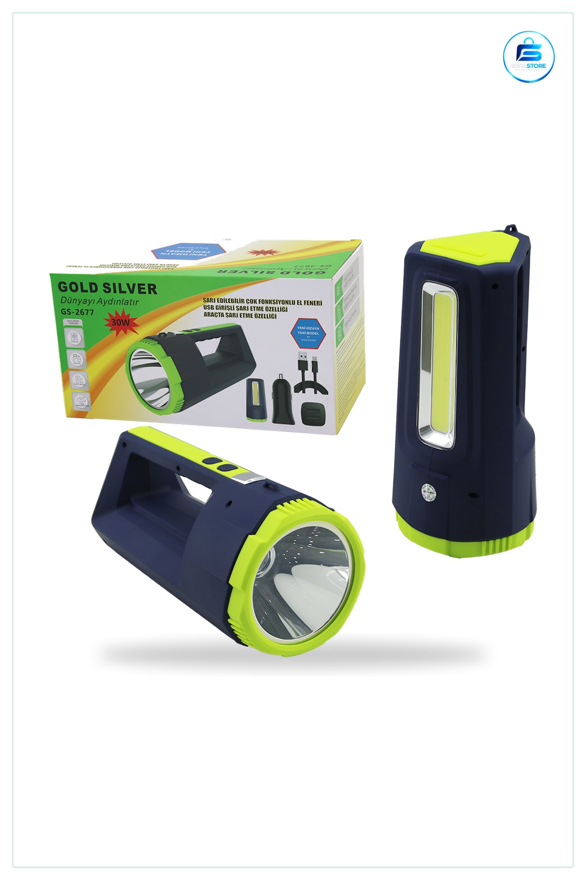 El Feneri Projektör 2in1 30W/10W COB LED USB Oto Şarjlı Kamp Acil Durum Arama Kurtarma