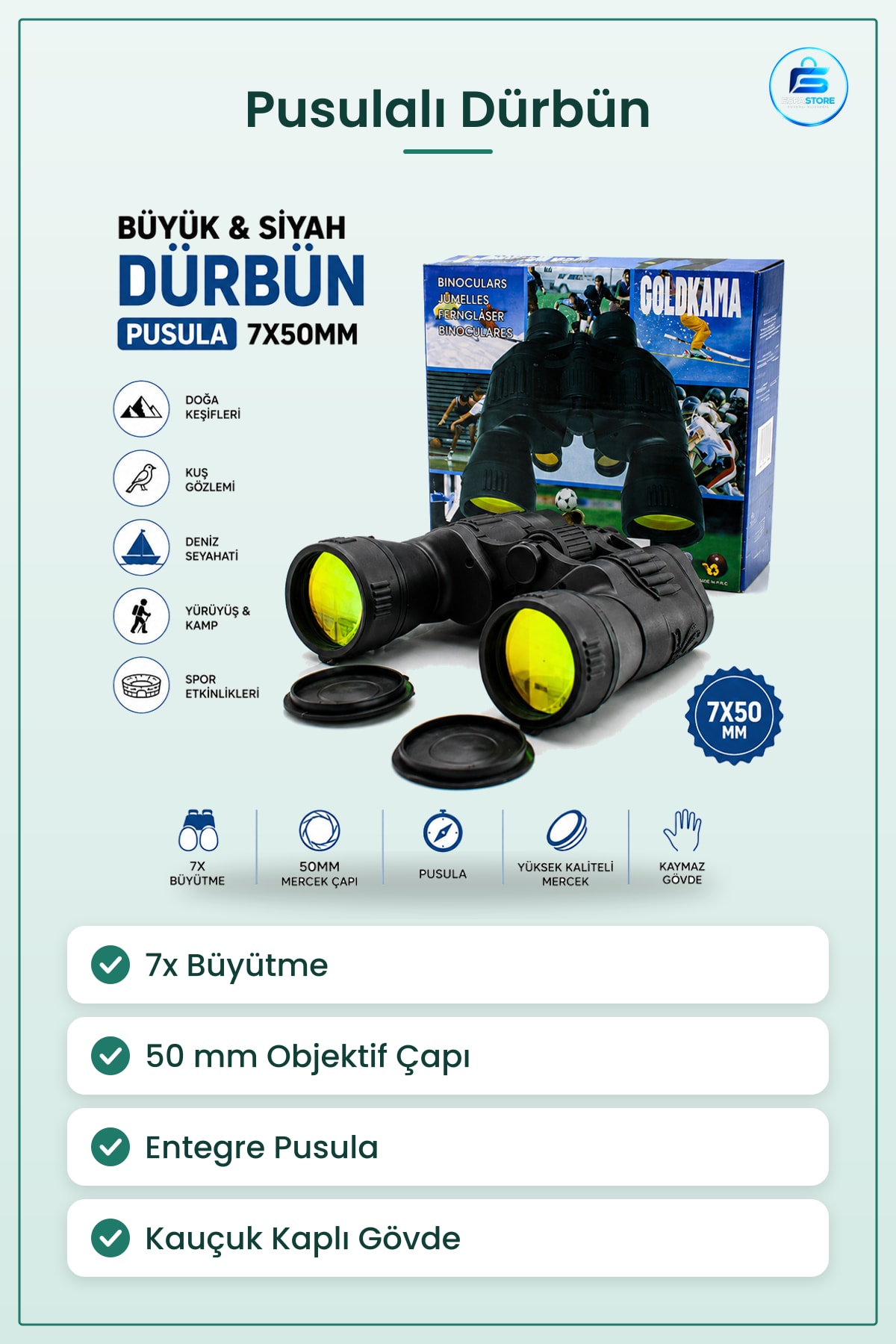 Dürbün Büyük Siyah Pusulal Kamp Kuş Gözlem Denizcilik Doğa Yürüyüş 50 mm Mercek Kullanışlı