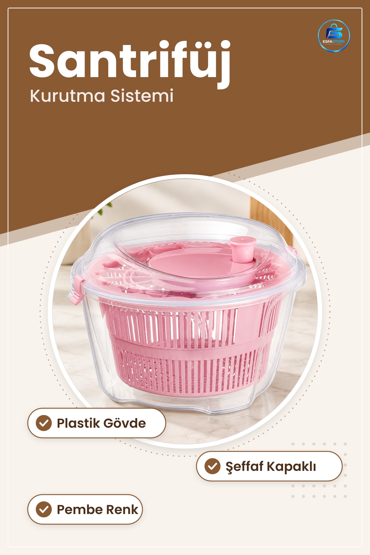 Salata Kurutucu Santrifüj Plastik Pembe Şeffaf Kapaklı Sebze Meyve Yeşillik Kurutma