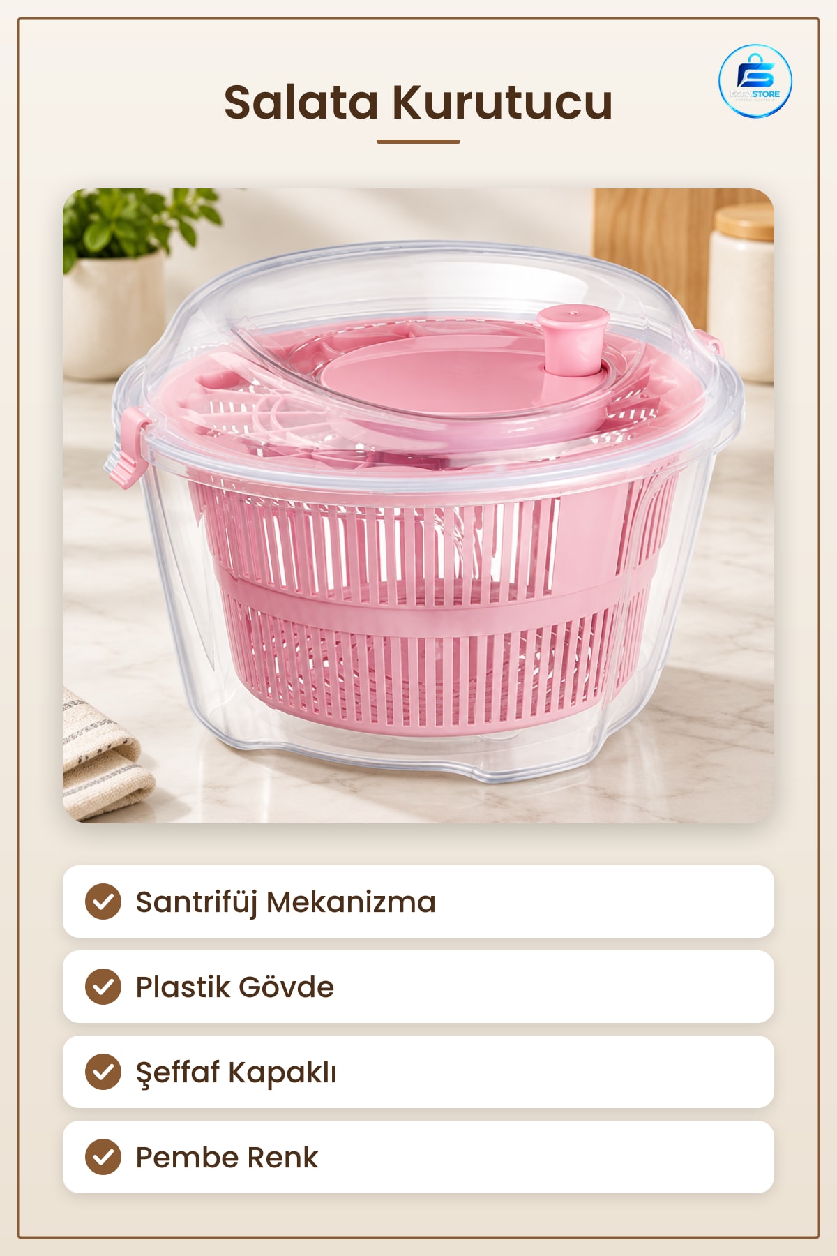 Salata Kurutucu Santrifüj Plastik Pembe Şeffaf Kapaklı Sebze Meyve Yeşillik Kurutma