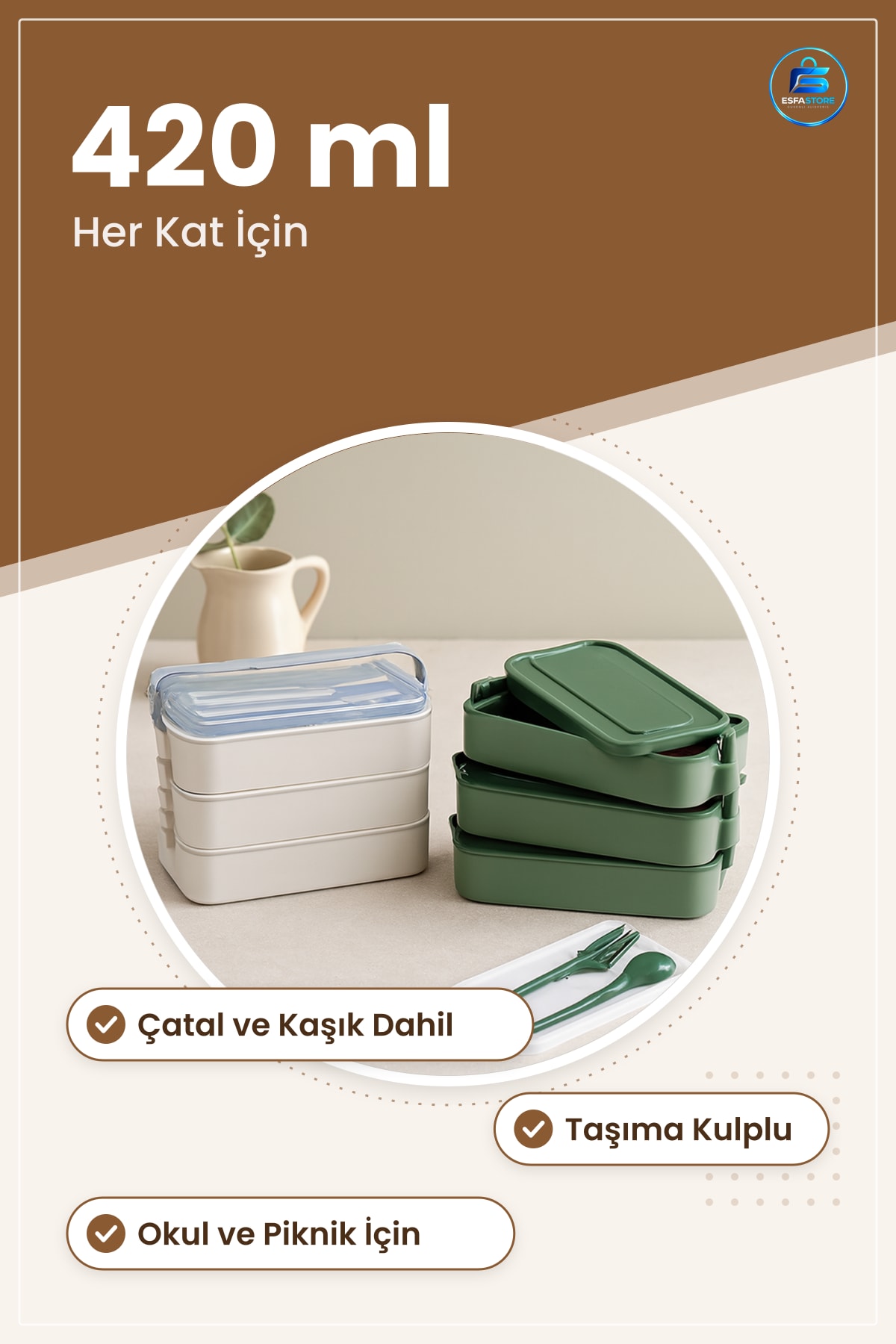Yemek Kabı 3 Katlı 420 ml Beslenme Kutusu Çatal Kaşıklı Taşıma Kulplu Okul Piknik Ofis