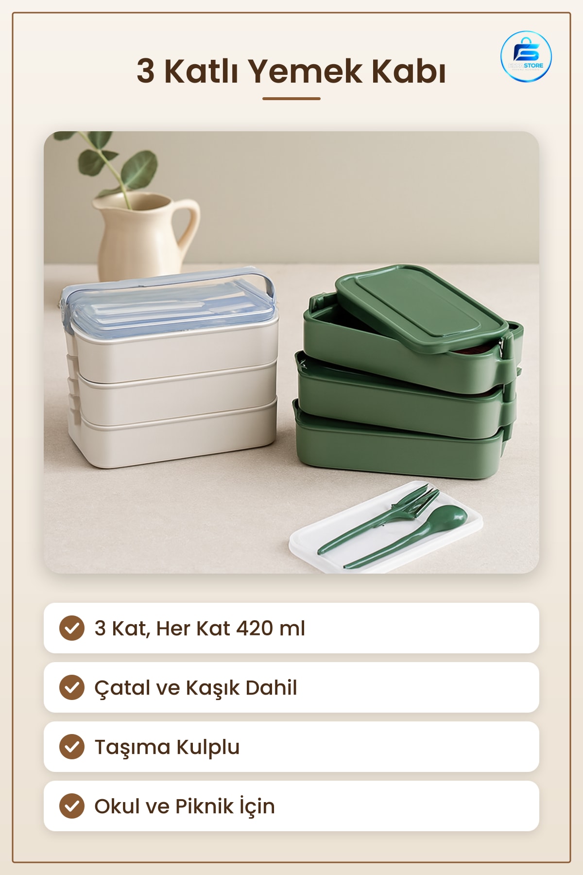Yemek Kabı 3 Katlı 420 ml Beslenme Kutusu Çatal Kaşıklı Taşıma Kulplu Okul Piknik Ofis