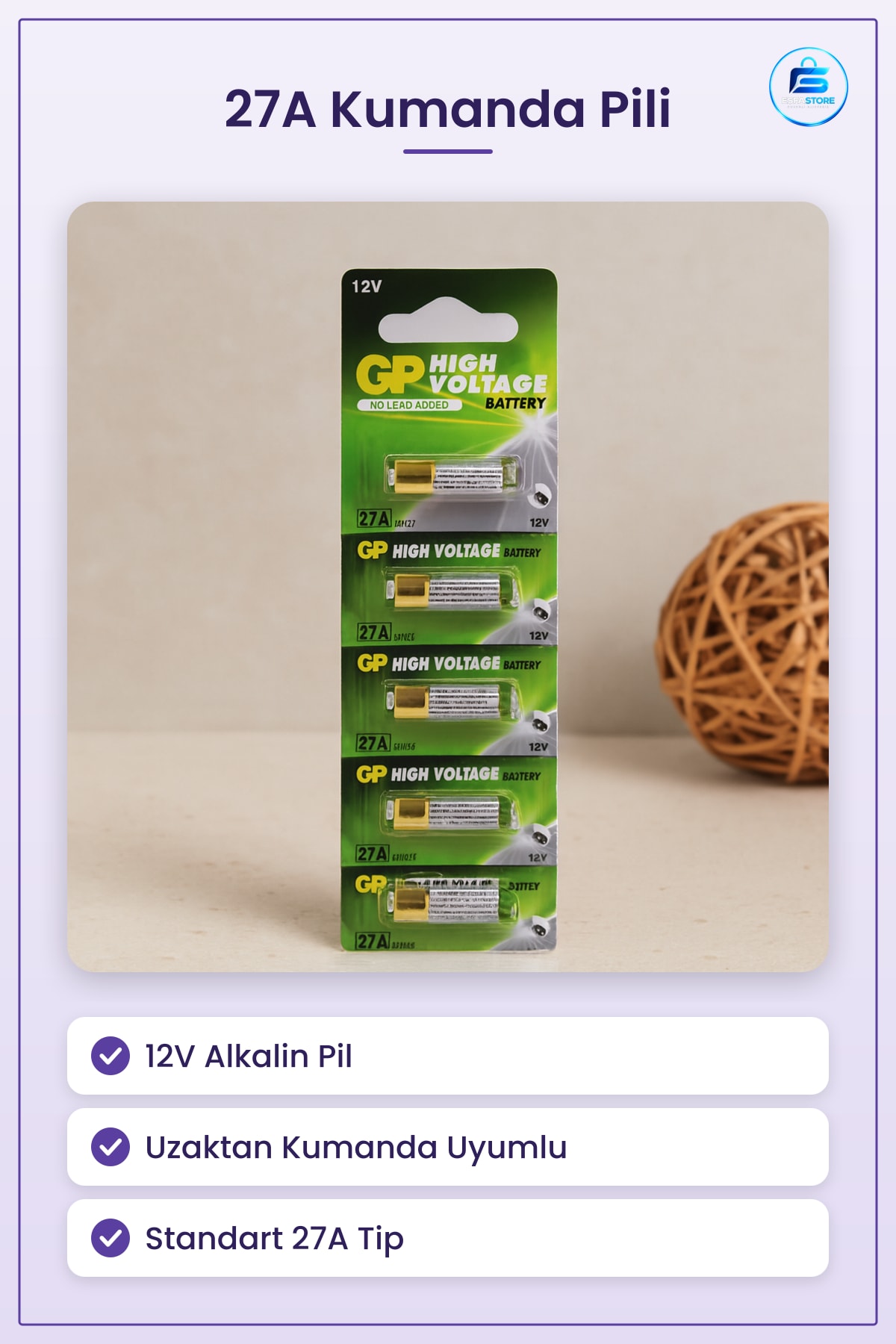 27A 12V Kumanda Pili Alkalin Uzaktan Alarm Cihazları İçin Araç Aksesuarı Dayanıklı Güç Kaynağı