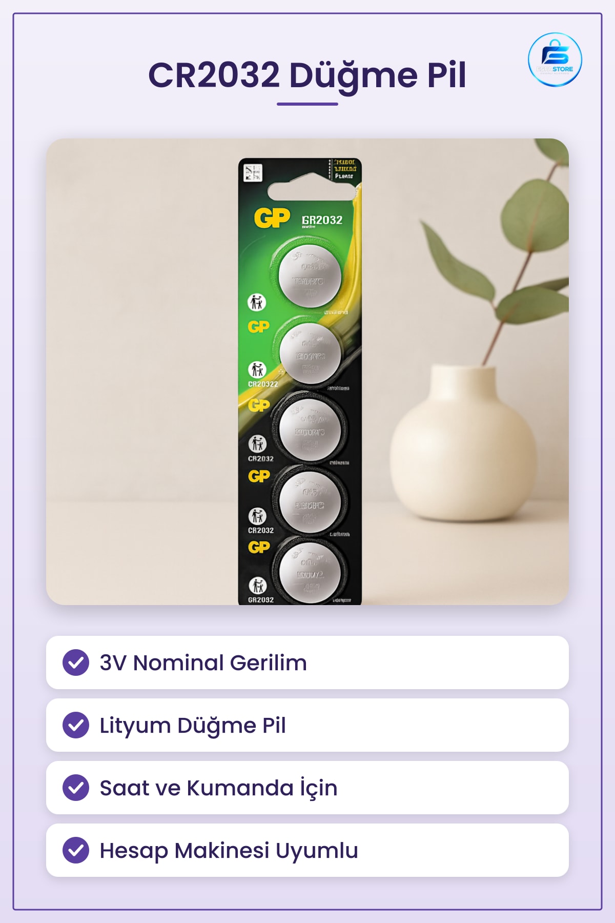 CR2032 3V Lityum Düğme Pil Saat Kumanda Hesap Makinesi Anakart Yuvarlak Kompakt Ofis