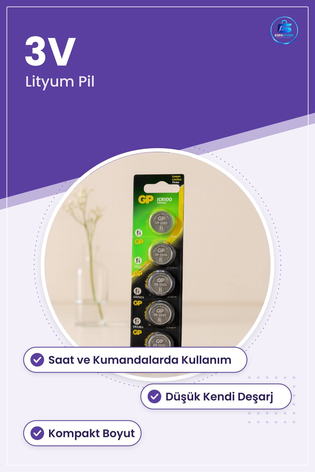 CR2025 3V Lityum Düğme Pil Saat Anahtar Kumandası Hesap Makinesi Anakart Yuvası Kompakt