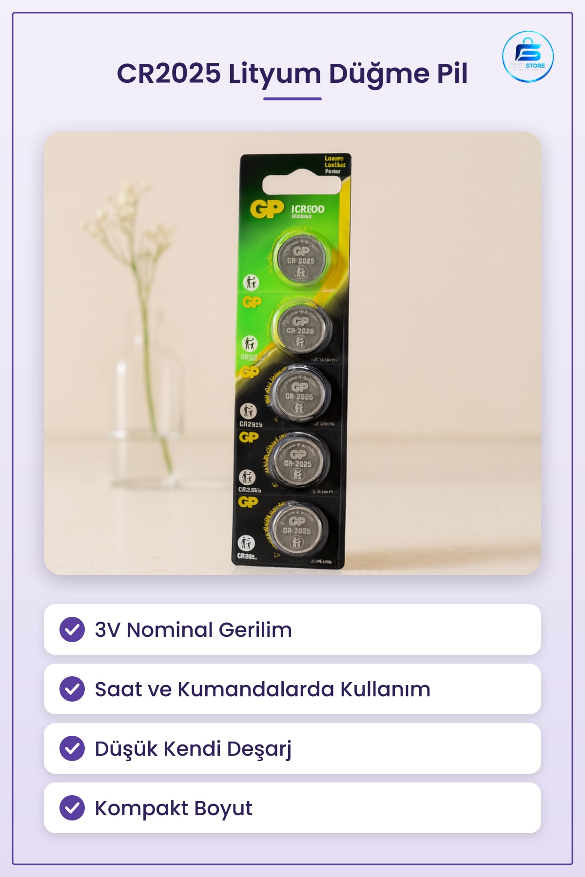 CR2025 3V Lityum Düğme Pil Saat Anahtar Kumandası Hesap Makinesi Anakart Yuvası Kompakt