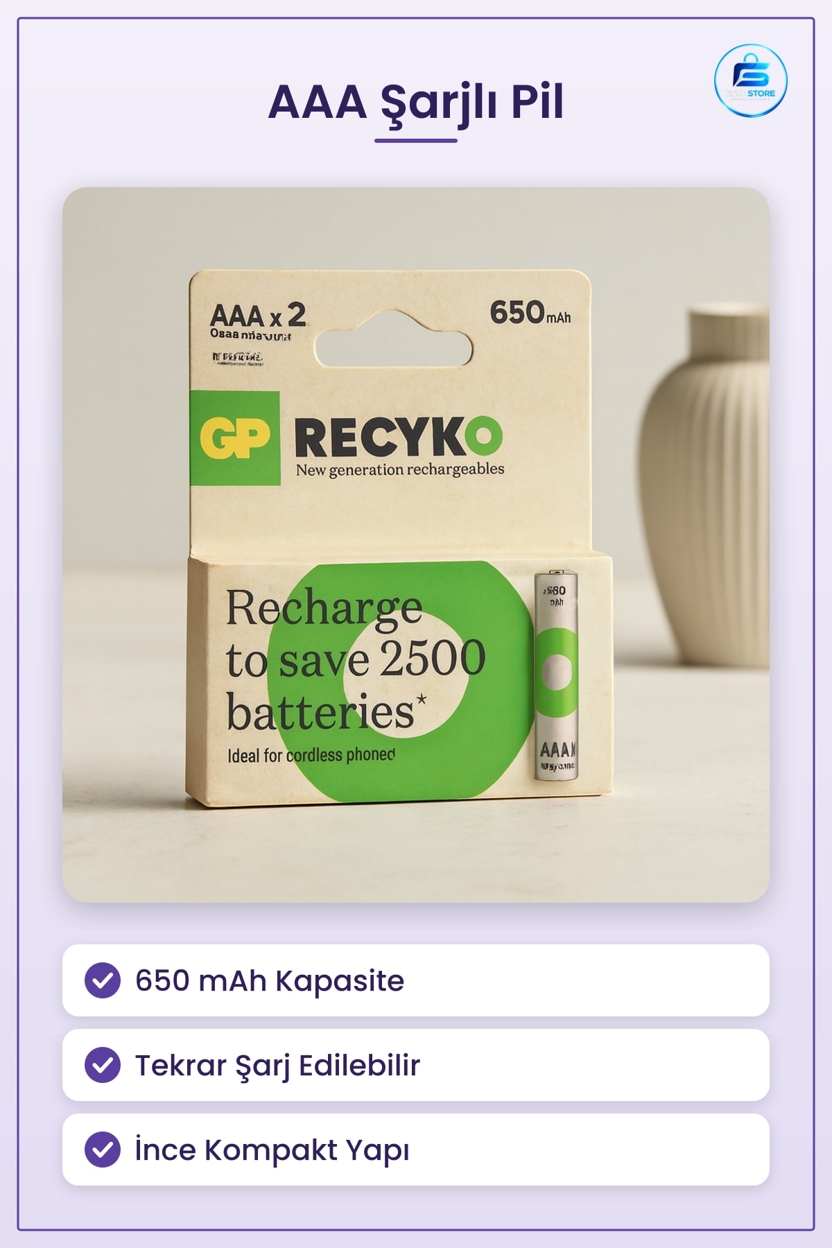 Pil AAA Şarjlı 650 mAh İnce Yeniden Kullanılabilir Kumanda Fare Klavye Oyuncak Ofis Elektronik
