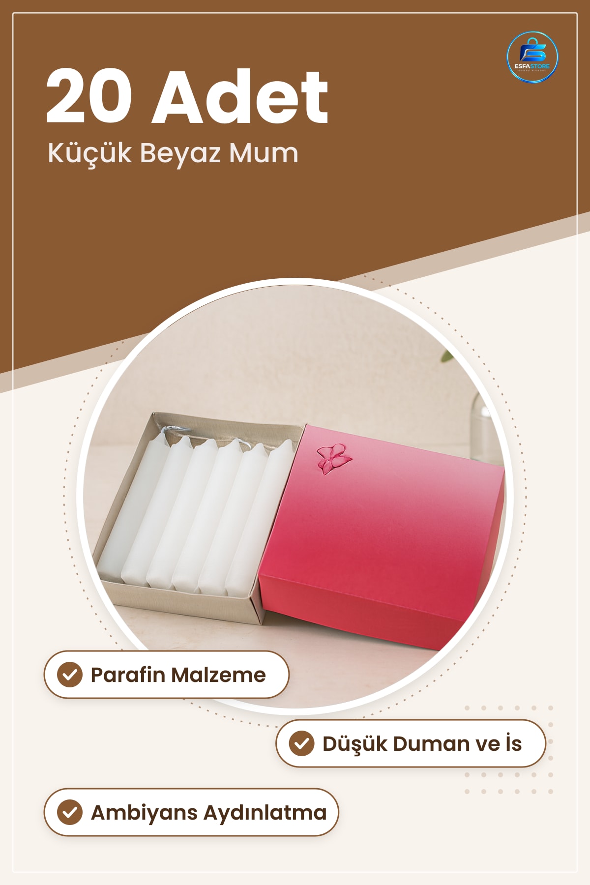 Küçük Beyaz Mum 20'li Parafin Ambiyans Ev Dekorasyon Ritüel İbadet Anma Acil Durum Aydınlatma