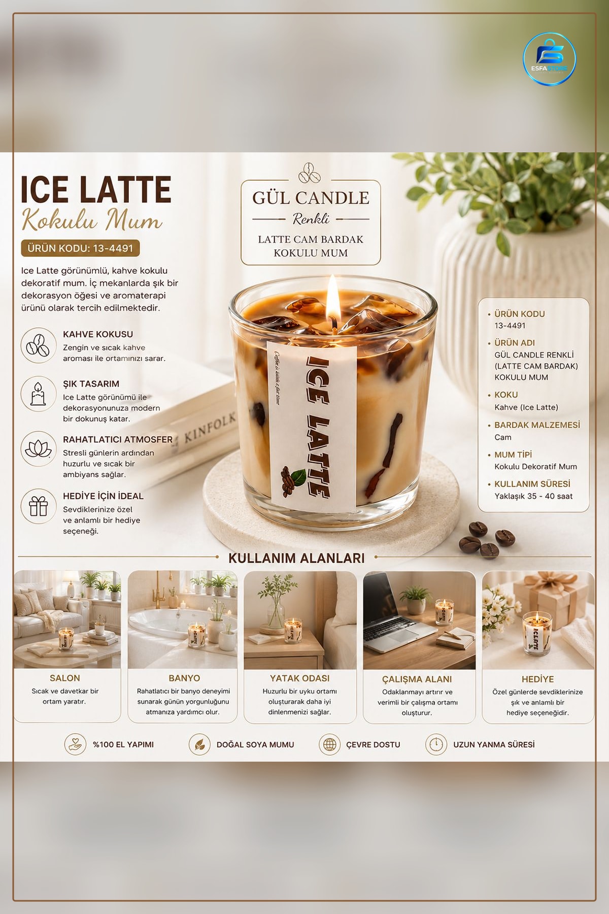 Cam Bardak Kokulu Mum Gül ve Latte Aromalı Dekoratif Sehpa Banyo Hediyelik Ev Dekorasyon