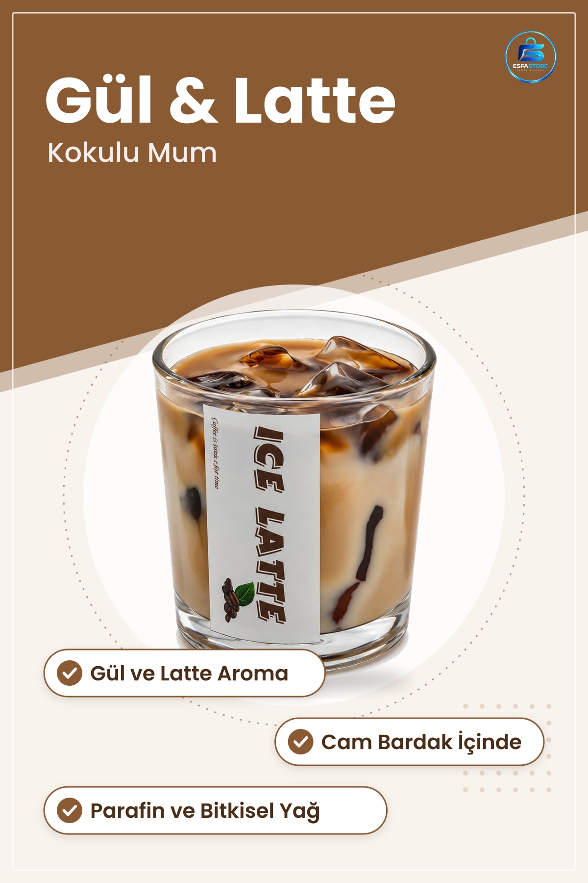 Cam Bardak Kokulu Mum Gül ve Latte Aromalı Dekoratif Sehpa Banyo Hediyelik Ev Dekorasyon