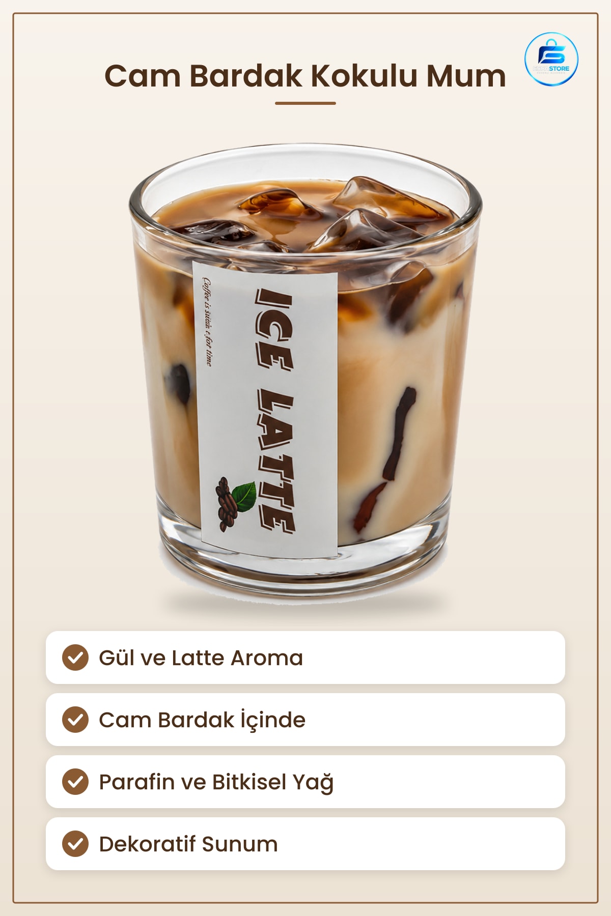 Cam Bardak Kokulu Mum Gül ve Latte Aromalı Dekoratif Sehpa Banyo Hediyelik Ev Dekorasyon