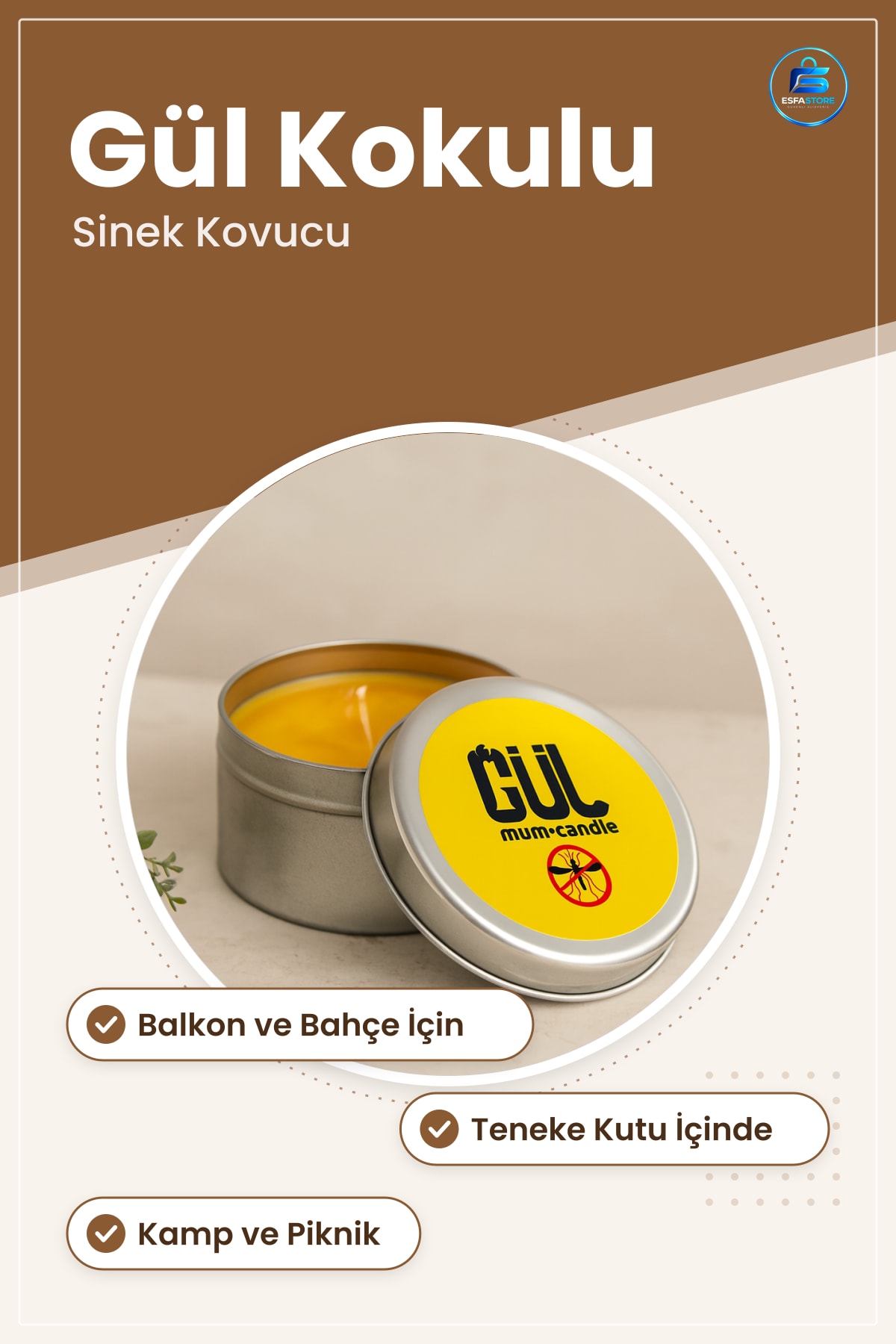 Gül Kokulu Teneke Mum Sinek Kovucu Balkon Bahçe Teras Kamp Açık Alan Ferahlatıcı Yaz