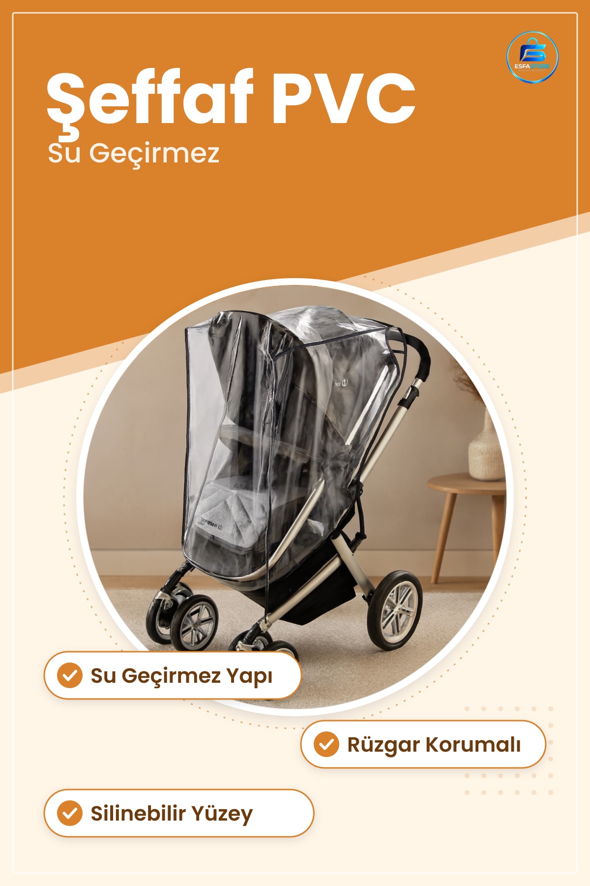 Bebek Arabası Yadağı Şeffaf PVC Su Geçirmez Rüzgar Korumalı Görünür Kolay Temizlik Aksesuar