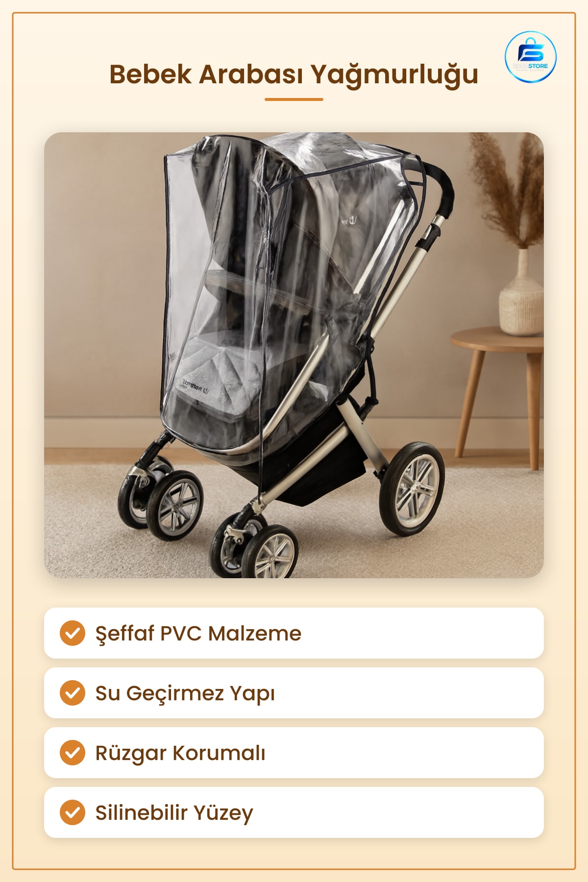 Bebek Arabası Yadağı Şeffaf PVC Su Geçirmez Rüzgar Korumalı Görünür Kolay Temizlik Aksesuar