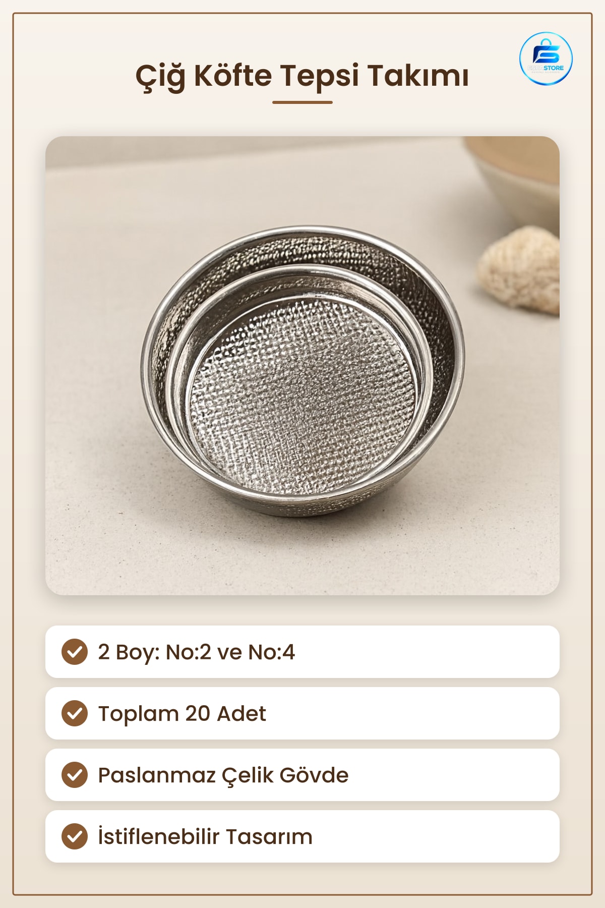 Çiğ Köfte Tepsi Takımı 2 Boy No:2 ve No:4 20 Adet Paslanmaz Çelik Restoran Catering Mutfak Sofra