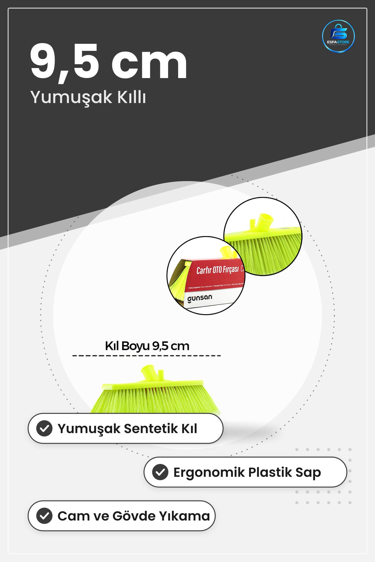Oto Yıkama Fırçası Yumuşak Kıllı Kıl Boyu 9,5 cm Araç Gövdesi Cam Temizlik Sentetik