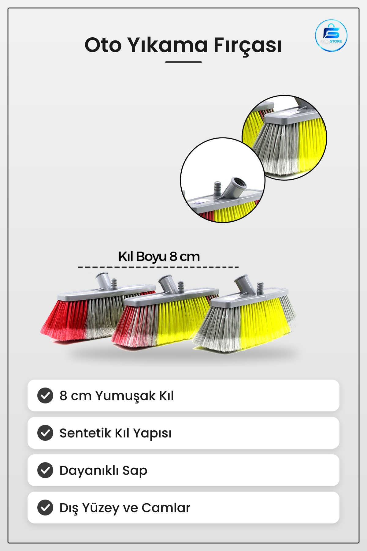 Oto Yıkama Fırçası Yumuşak Kıl 8 cm Sentetik Dayanıklı Sap Araç Dış Yüzey Cam Temizlik