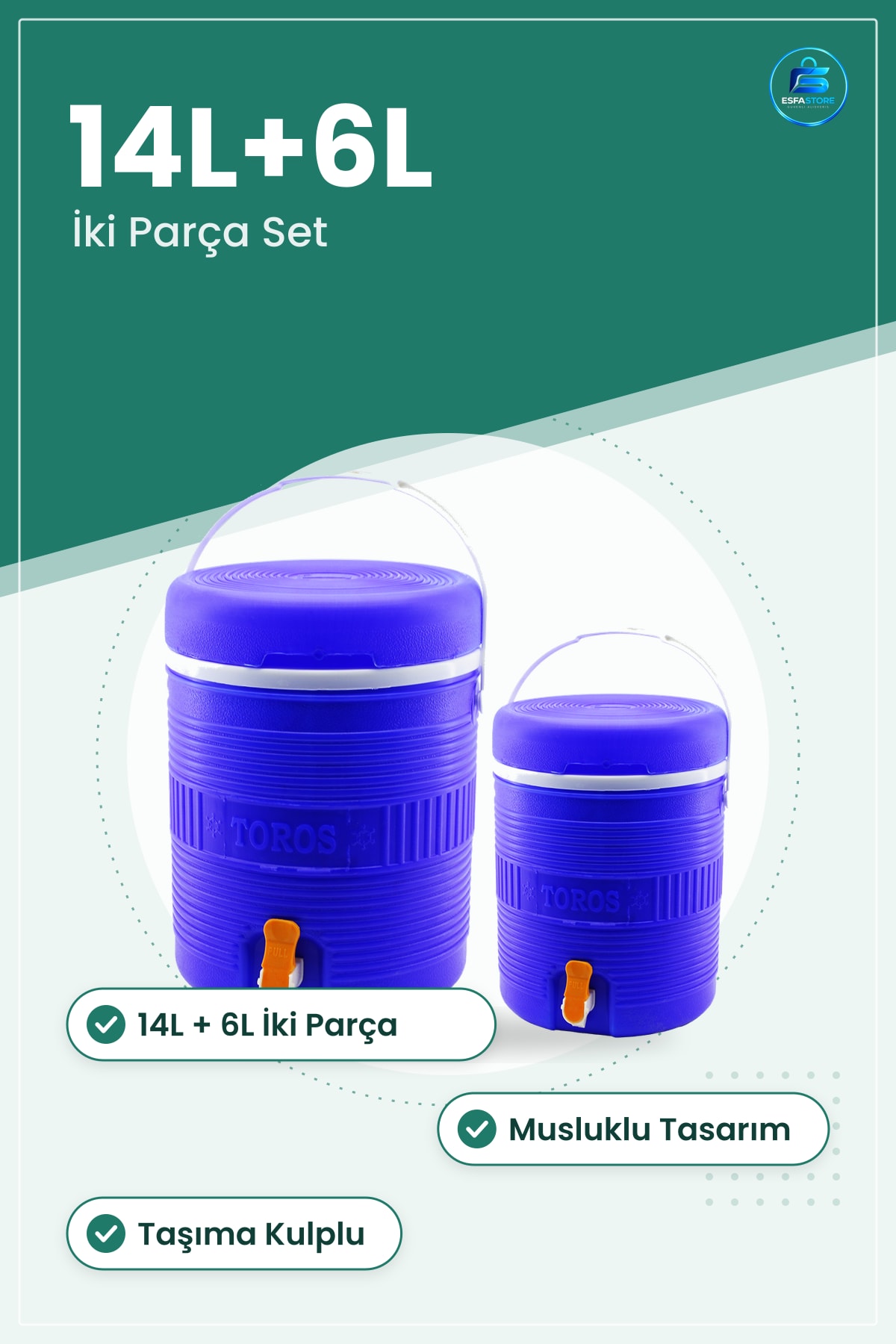 Yuvarlak Plastik Termos Seti 14L+6L Musluklu Taşıma Kulplu Piknik Kamp Ofis Etkinlik