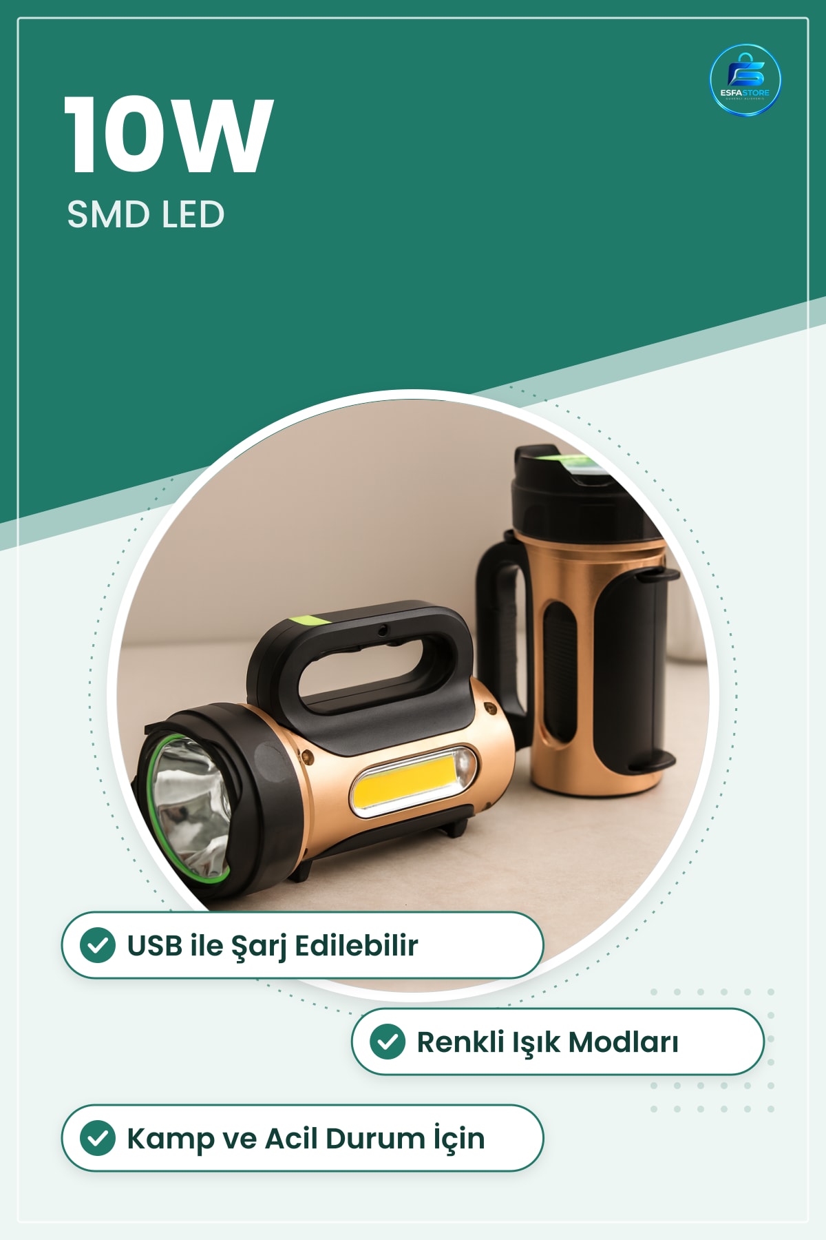 El Feneri 10W USB Şarjlı 2in1 Renkli SMD LED Kamp Acil Durum Masa Lambası Dış Mekan Araç