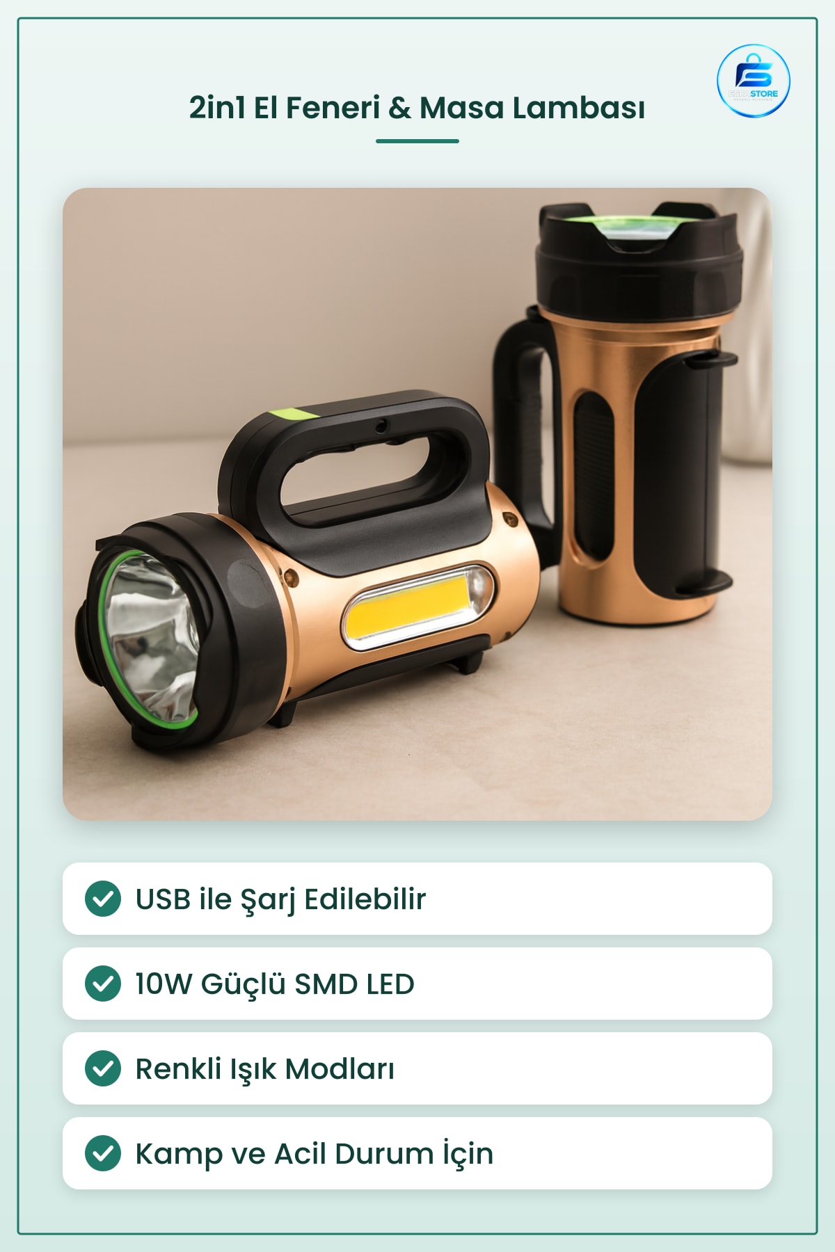 El Feneri 10W USB Şarjlı 2in1 Renkli SMD LED Kamp Acil Durum Masa Lambası Dış Mekan Araç