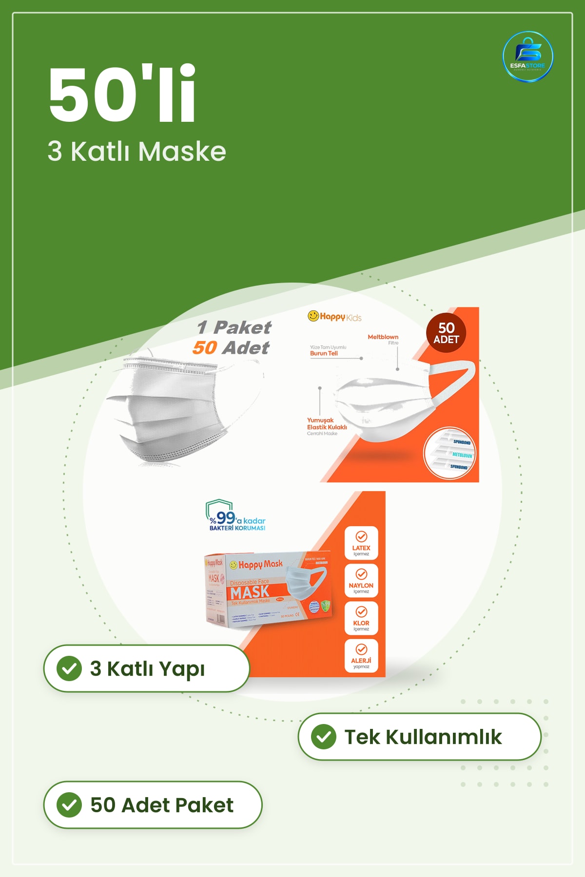 Medikal Cerrahi Maske 3 Katlı Tek Kullanımlık Beyaz 50 Adet Paket Yüz Maskesi Elastik Kulaklı
