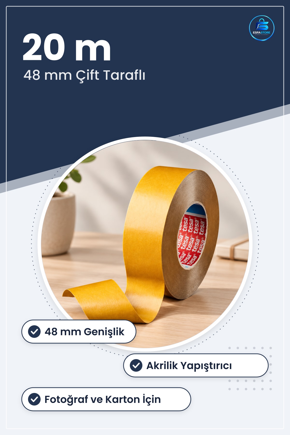 Çift Taraflı Film Bant 48 mm 20 Metre Akrilik Yapıştırıcı Fotoğraf Karton Dekorasyon Ev Ofis