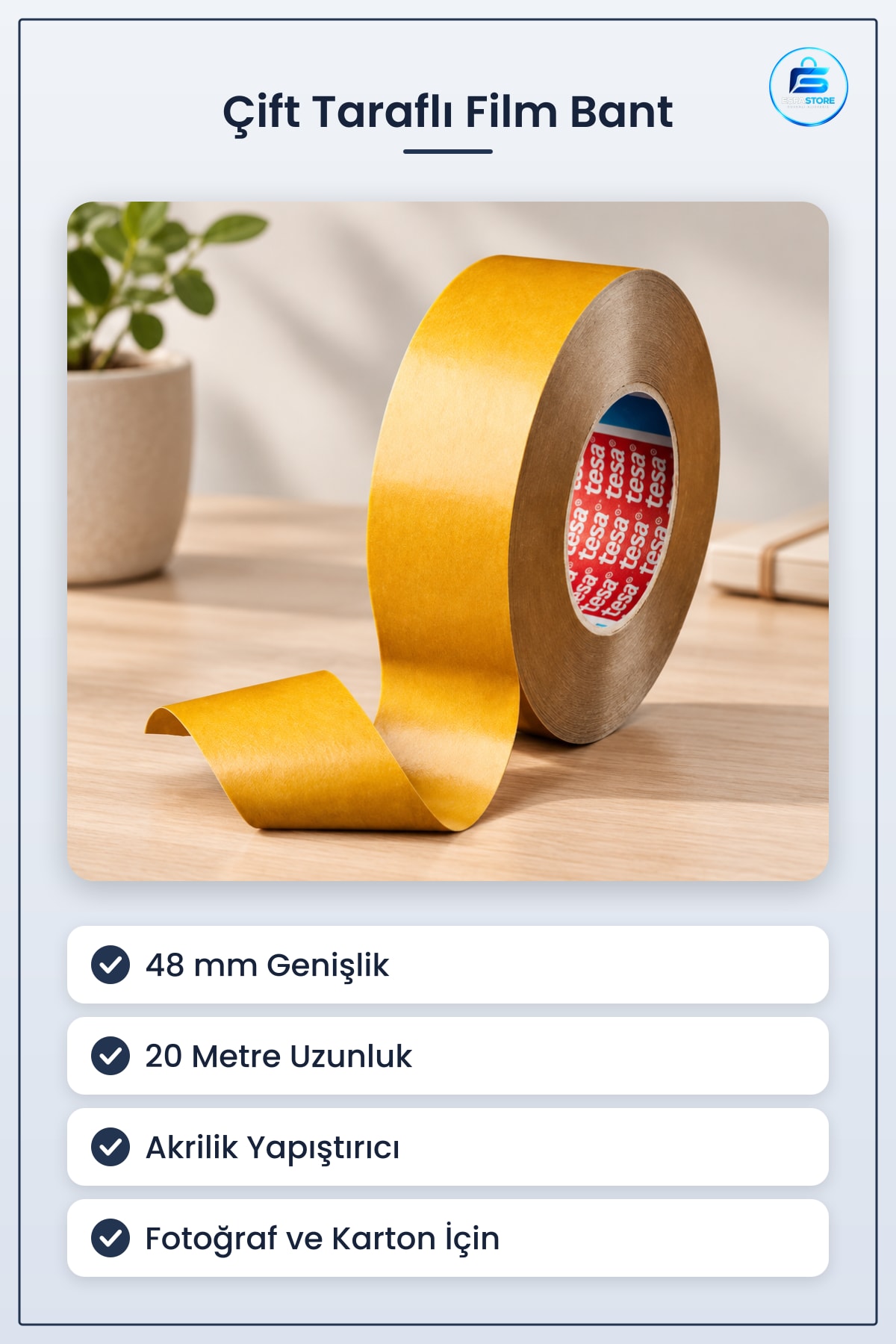 Çift Taraflı Film Bant 48 mm 20 Metre Akrilik Yapıştırıcı Fotoğraf Karton Dekorasyon Ev Ofis