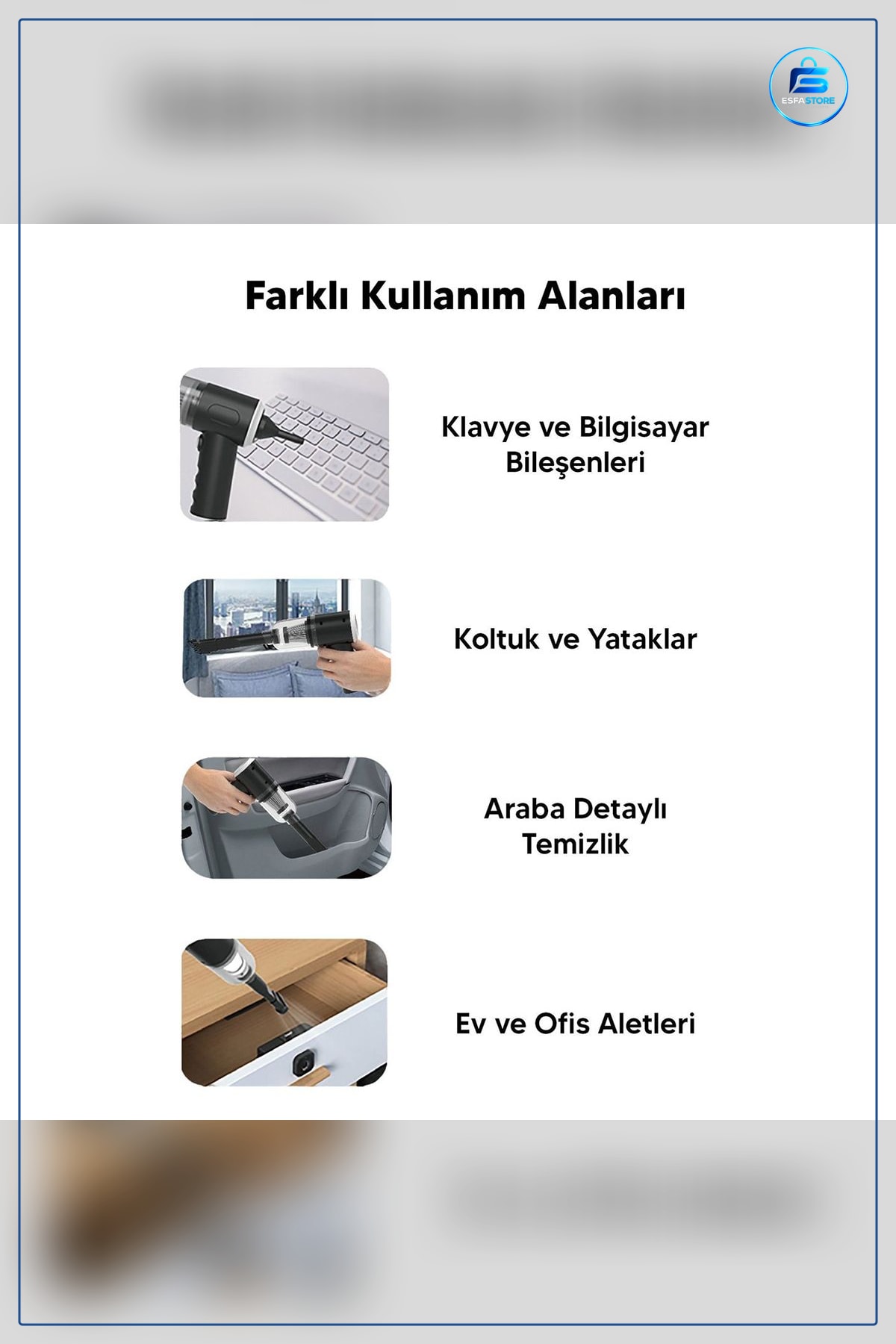 El Tipi Süpürge Mini USB Şarjlı 3'ü 1 Arada Araç İçi Ev Temizliği Torbasız Hava Üfleme