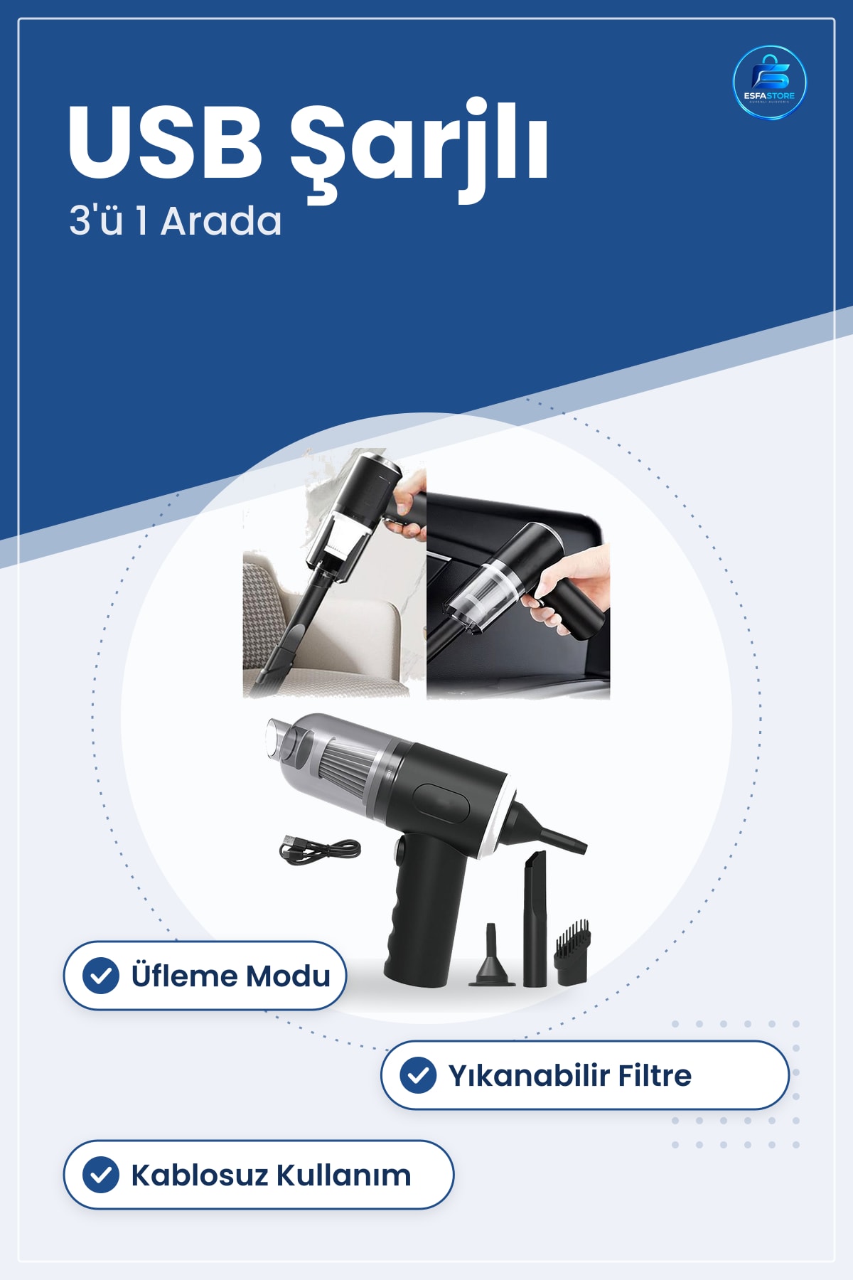 El Tipi Süpürge Mini USB Şarjlı 3'ü 1 Arada Araç İçi Ev Temizliği Torbasız Hava Üfleme