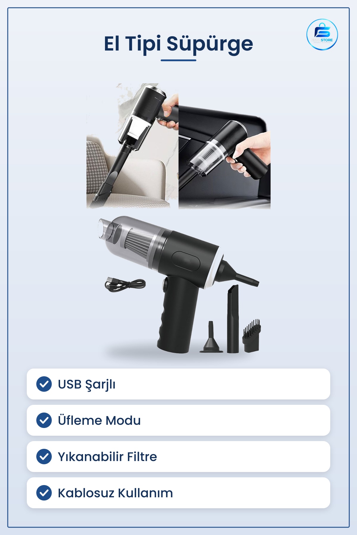 El Tipi Süpürge Mini USB Şarjlı 3'ü 1 Arada Araç İçi Ev Temizliği Torbasız Hava Üfleme