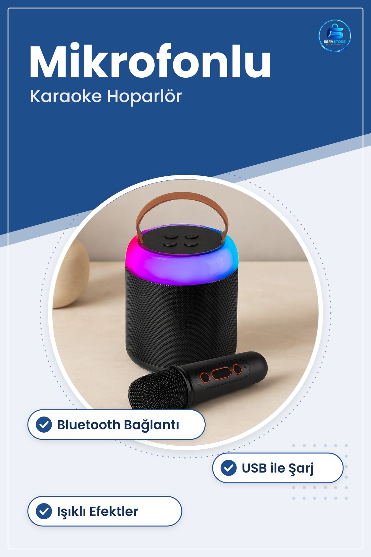 Bluetooth Hoparlör Karaoke Mikrofonlu Kablosuz Yuvarlak USB Şarjlı Işıklı Taşınabilir Parti