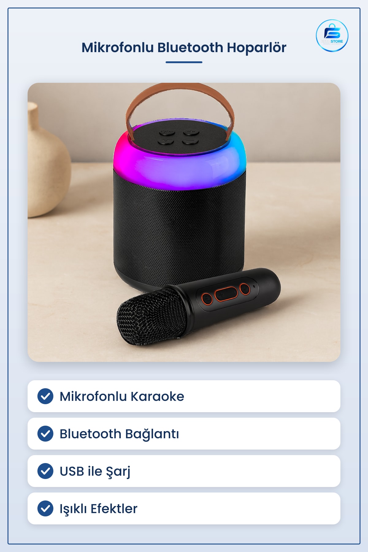 Bluetooth Hoparlör Karaoke Mikrofonlu Kablosuz Yuvarlak USB Şarjlı Işıklı Taşınabilir Parti