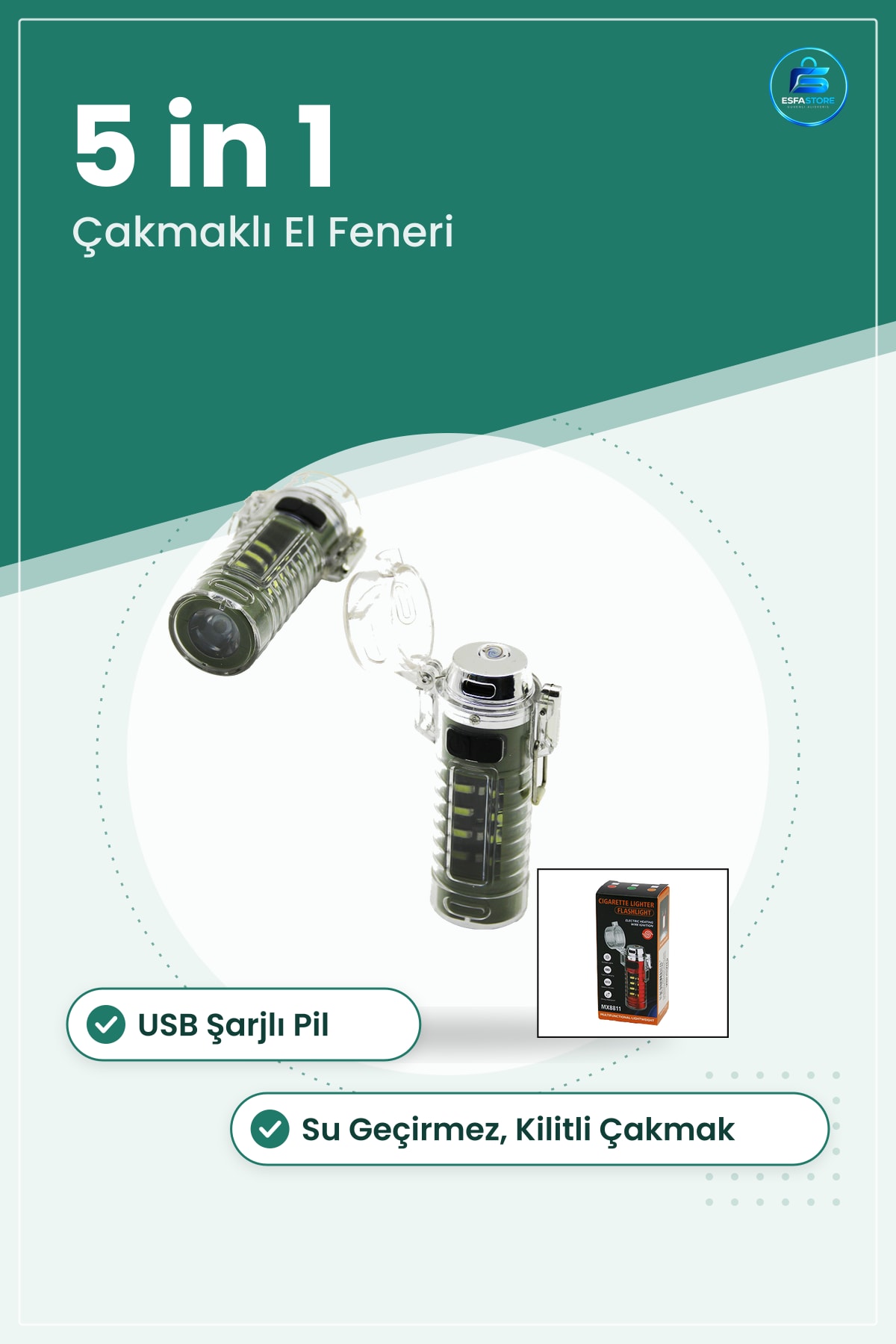 El Feneri Çakmaklı USB Şarjlı 5 in 1 LED COB Su Geçirmez Kilitli Kamp Acil Durum Araç Ev