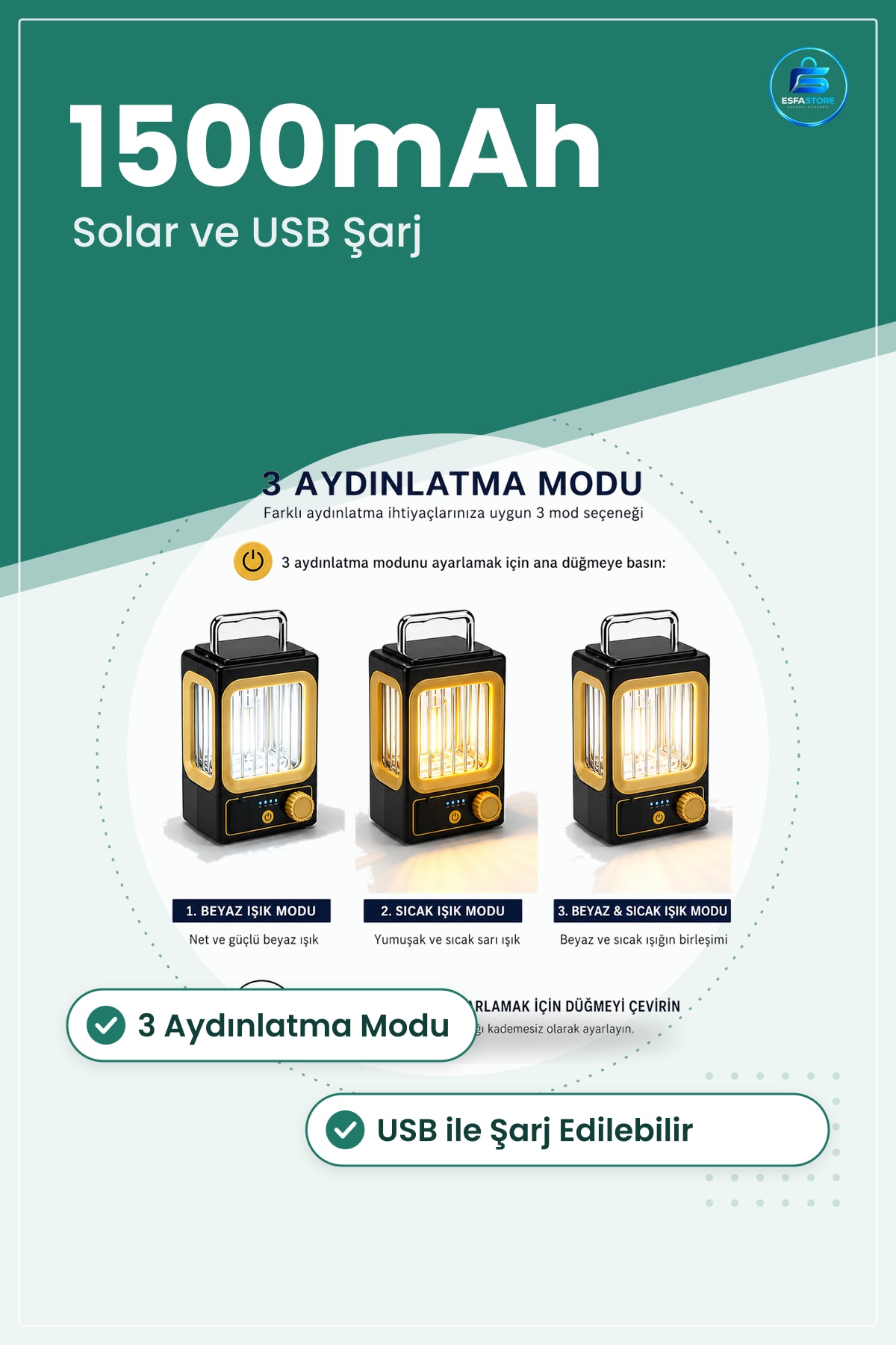 Kamp Lambası Solar USB Şarjlı 1500mAh Taşınabilir Nostalji LED Dekoratif Aydınlatma Bahçe