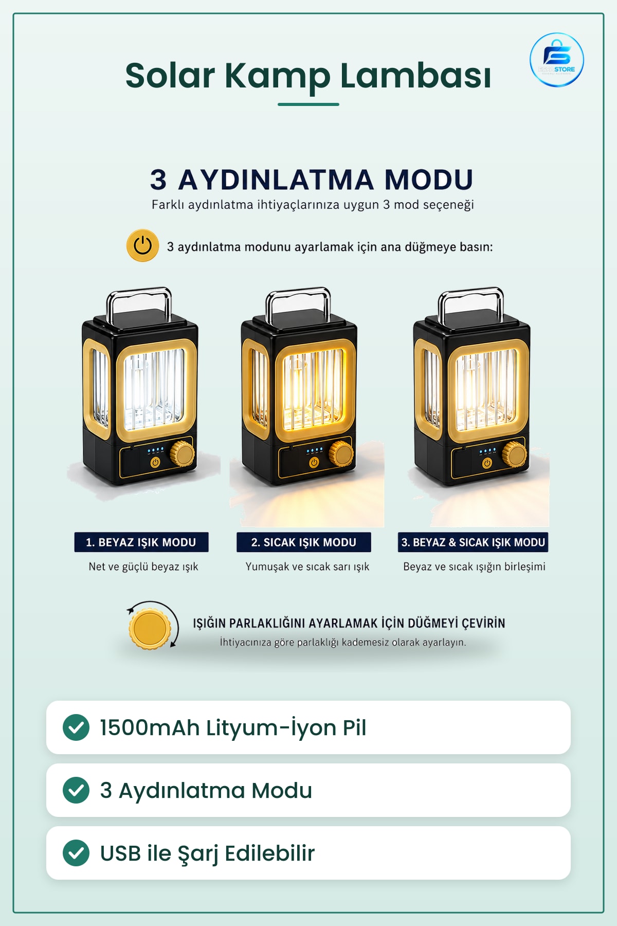 Kamp Lambası Solar USB Şarjlı 1500mAh Taşınabilir Nostalji LED Dekoratif Aydınlatma Bahçe