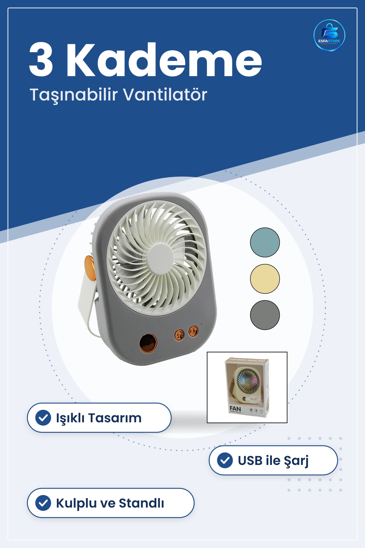 Mini USB Masaüstü Vantilatör 3 Kademe Işıklı Taşınabilir Kulplu Standlı Şarjlı Ev Ofis