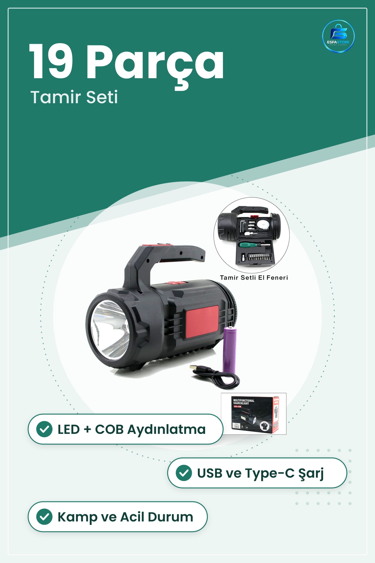 El Feneri 2in1 LED+COB Şarjlı Projektör USB/Type-C 19 Parça Tamir Seti Kamp Acil Durum Aydınlatma