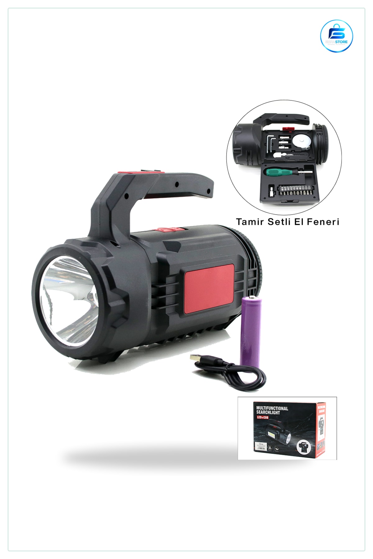 El Feneri 2in1 LED+COB Şarjlı Projektör USB/Type-C 19 Parça Tamir Seti Kamp Acil Durum Aydınlatma