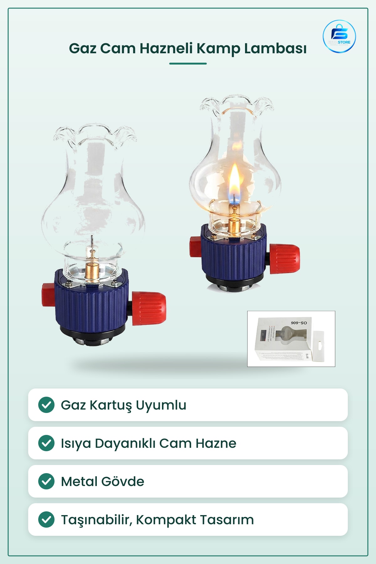 Kamp Lambası Taşınabilir Gaz Cam Hazneli Kartuş Uyumlu Dekoratif Balkon Bahçe Aydınlatma
