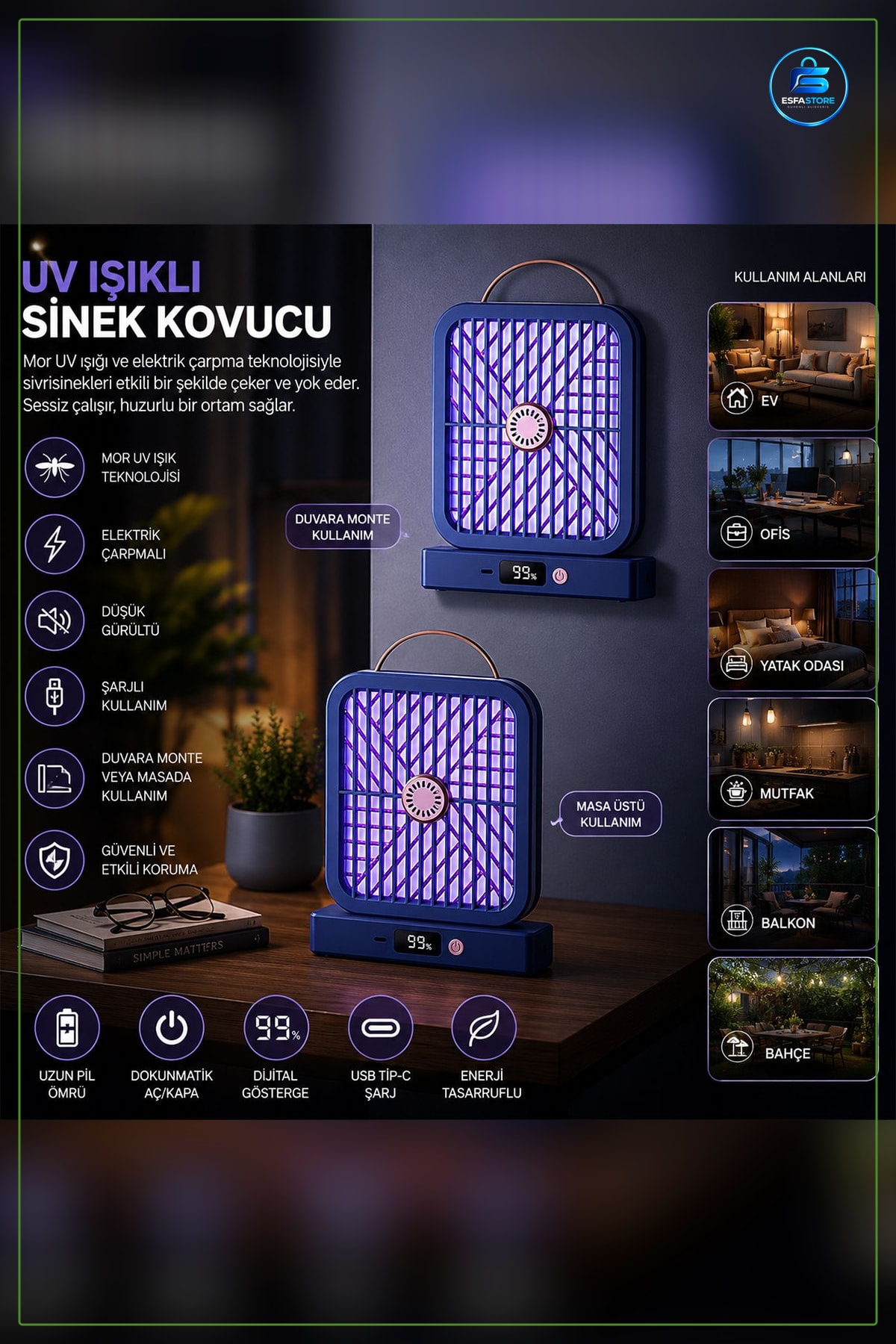 Sinek Kovucu UV Işıklı Elektrikli Haşere İlacı USB Şarjlı Dijital Ekranlı Ev Ofis Kafe Kontrolü