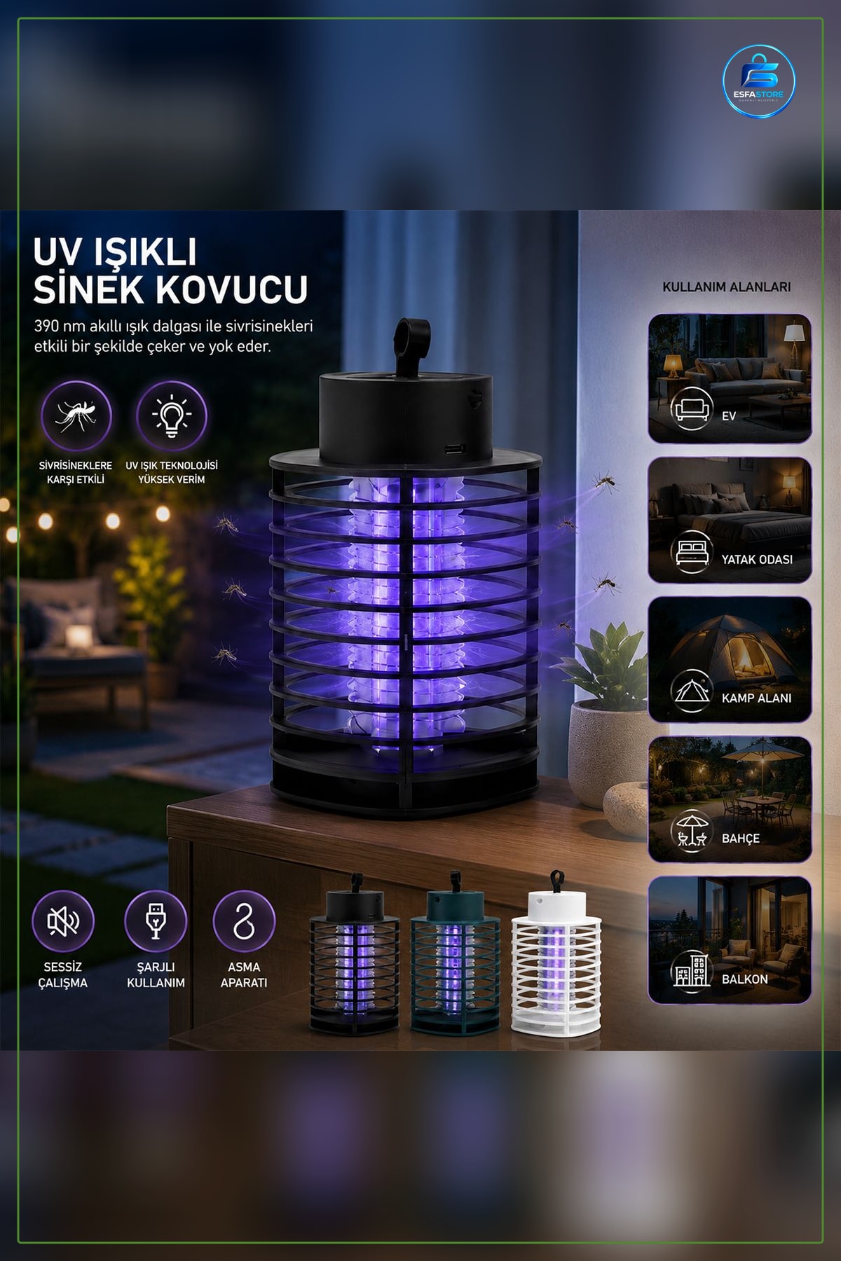 Sinek Kovucu UV Işıklı USB Şarjlı Asma Sessiz Haşere Tuzağı LED Ev Bahçe Balkon Kamp