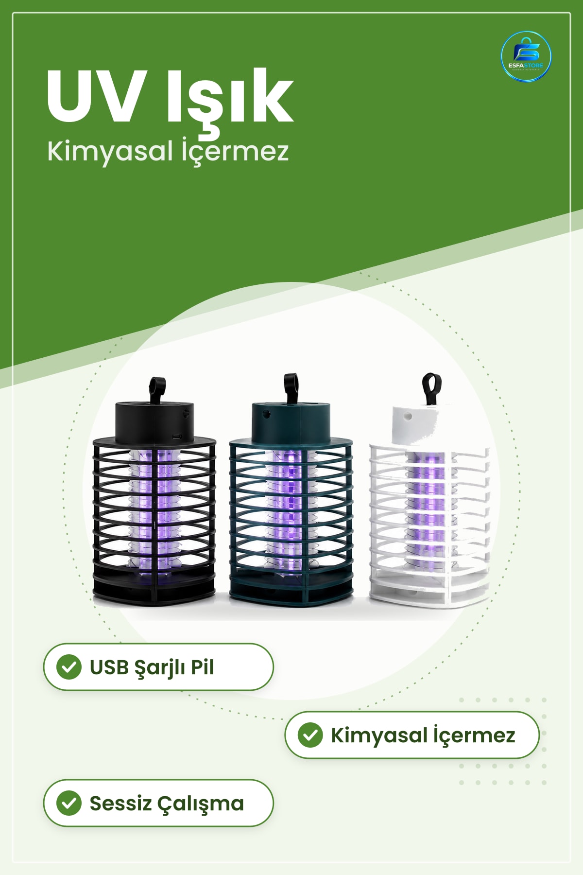 Sinek Kovucu UV Işıklı USB Şarjlı Asma Sessiz Haşere Tuzağı LED Ev Bahçe Balkon Kamp