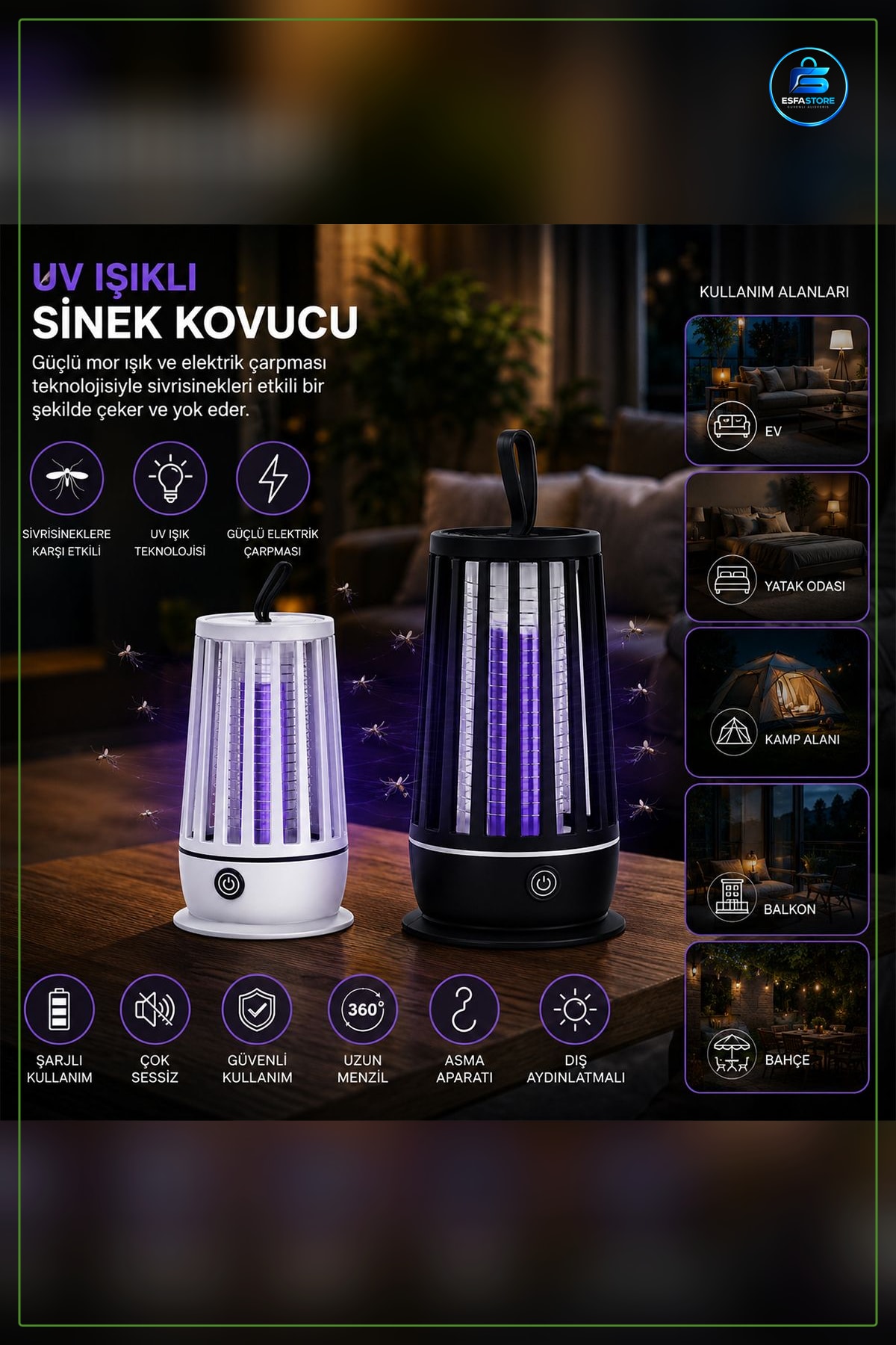 Sinek Kovucu UV Işıklı USB Şarjlı Sessiz Asma Aparatlı Ev Ofis Balkon Teras Haşere Tuzağı