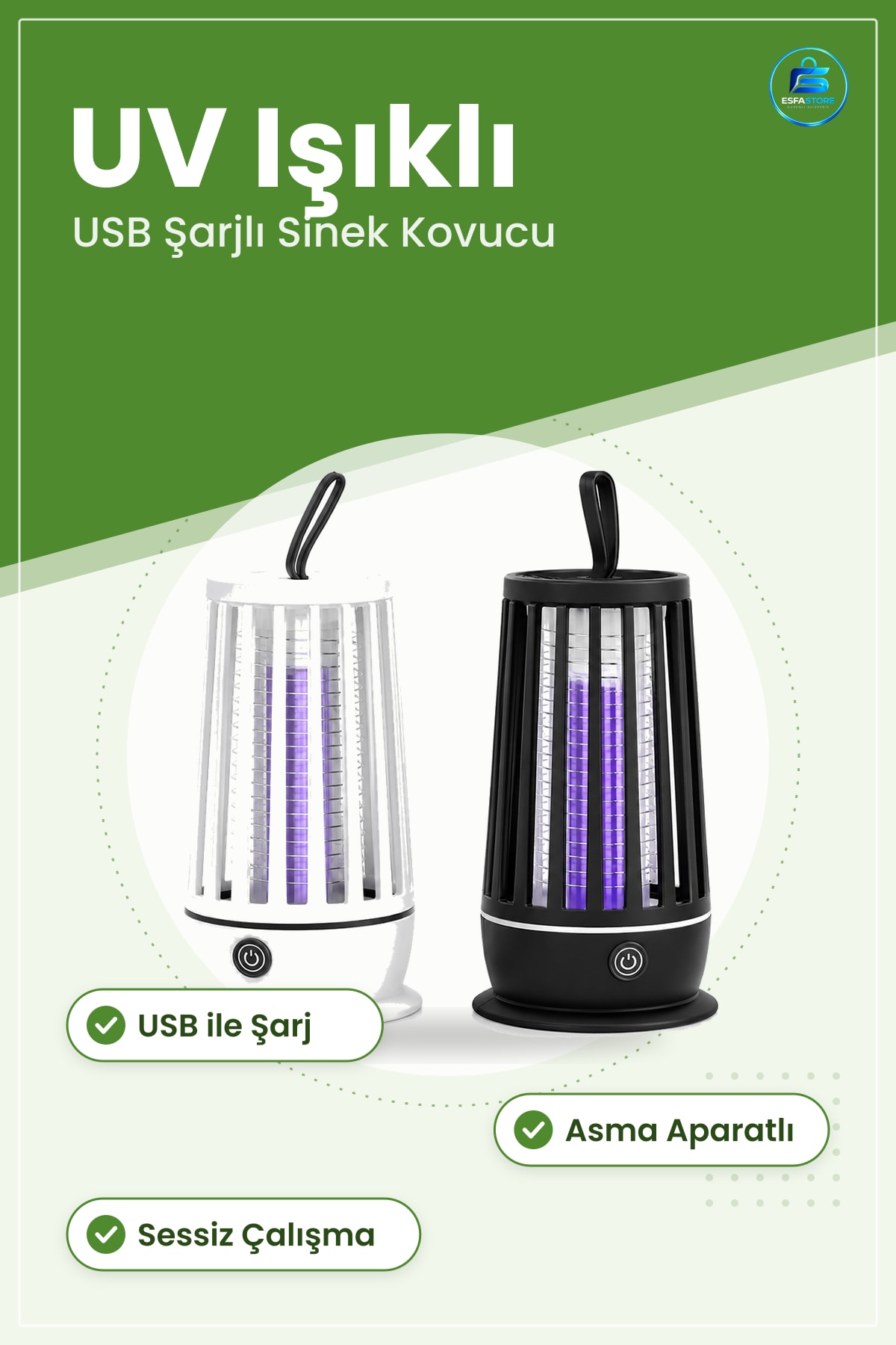 Sinek Kovucu UV Işıklı USB Şarjlı Sessiz Asma Aparatlı Ev Ofis Balkon Teras Haşere Tuzağı