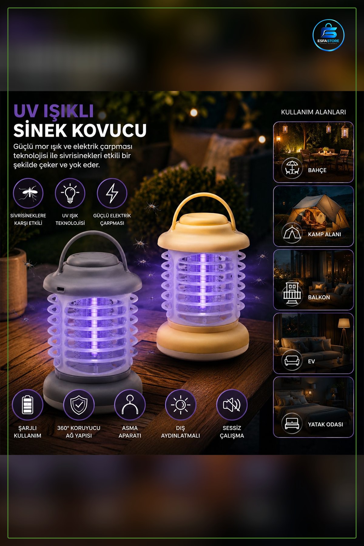 Sinek Kovucu UV Işıklı USB Şarjlı Asma Sessiz Taşınabilir Kamp Balkon Ev Haşere Tuzağı