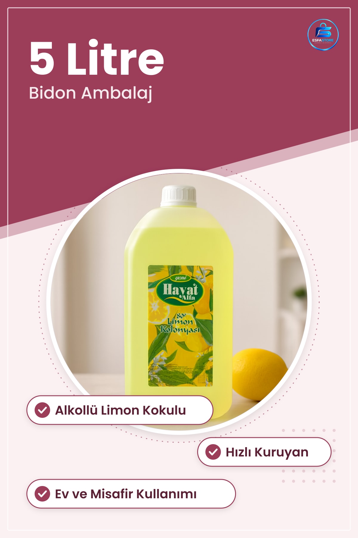 Limon Kolonya 5 Litre Bidon Alkollü Ferah Kokulu Hızlı Kuruyan El Ev ve Misafir Kullanım Hijyen