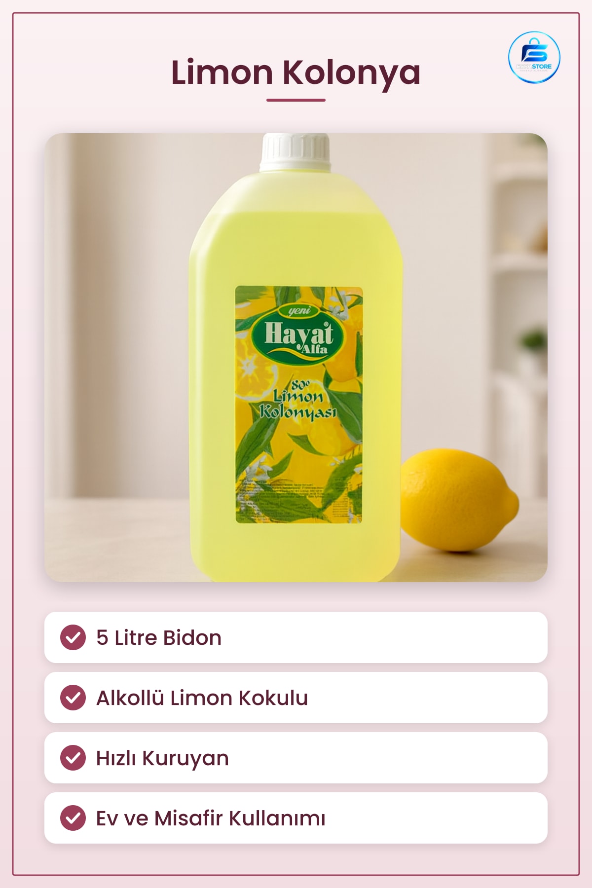 Limon Kolonya 5 Litre Bidon Alkollü Ferah Kokulu Hızlı Kuruyan El Ev ve Misafir Kullanım Hijyen