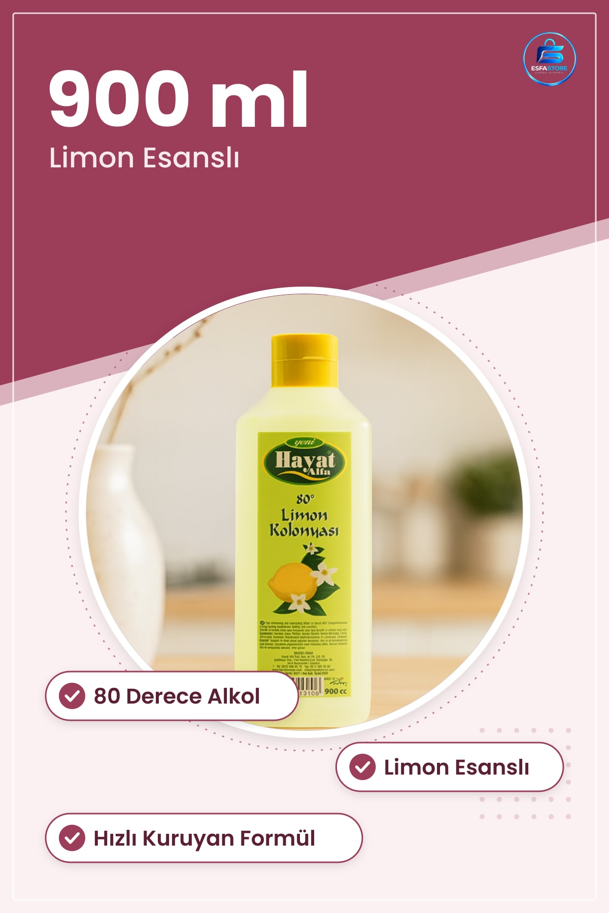 Limon Kolonyası 900 ml Derece Alkollü Ferah Esanslı Kişisel Bakım Ev Temizlik Hızlı Kuruyan