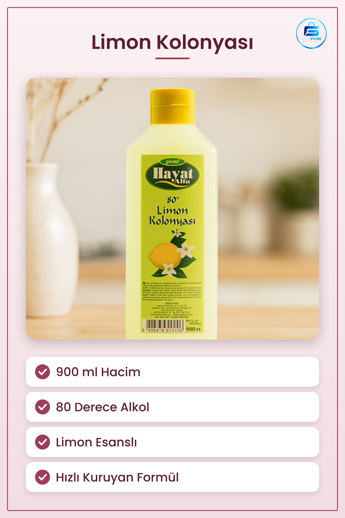 Limon Kolonyası 900 ml Derece Alkollü Ferah Esanslı Kişisel Bakım Ev Temizlik Hızlı Kuruyan