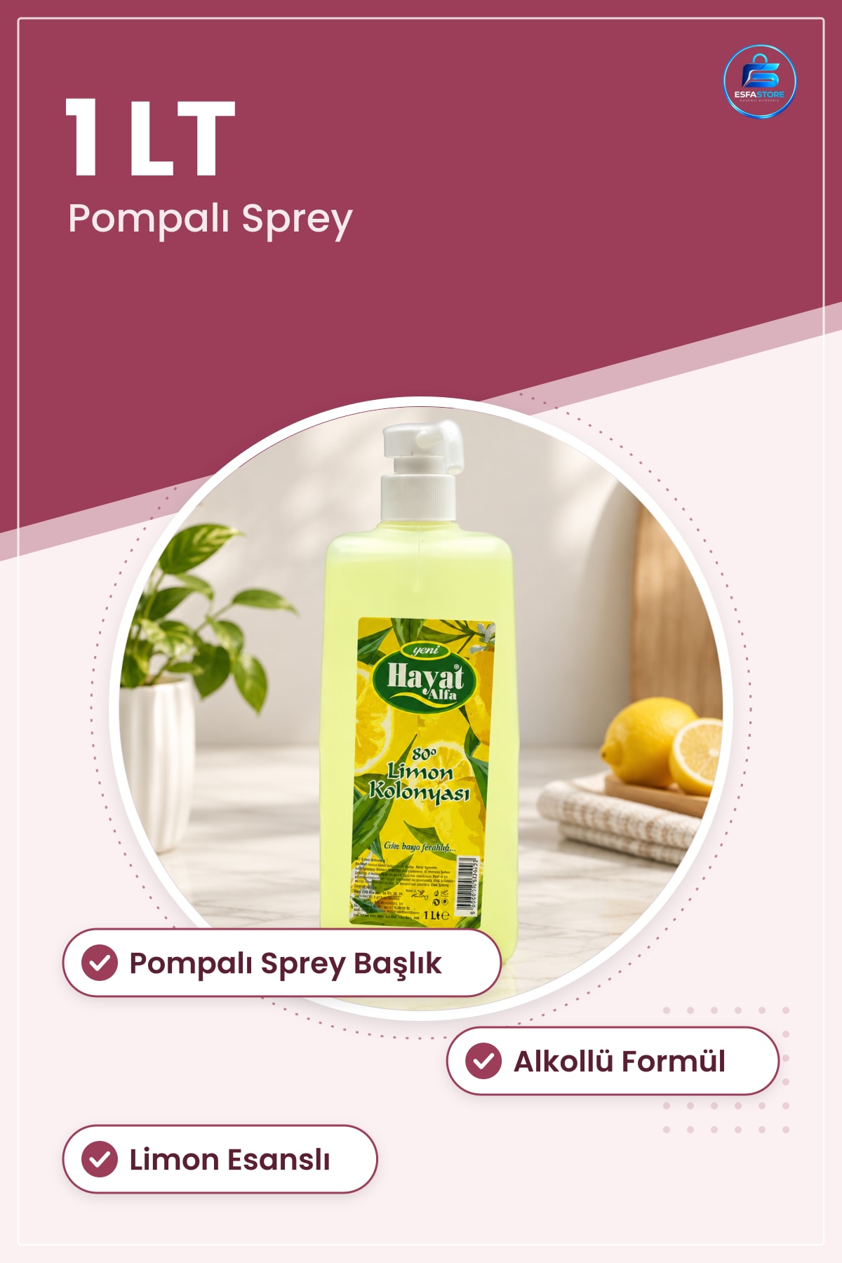 Limon Kolonya Pompalı Sprey 1 LT Alkollü Ferah Kokulu Misafir ve Günlük El Hijyeni İçin Pratik